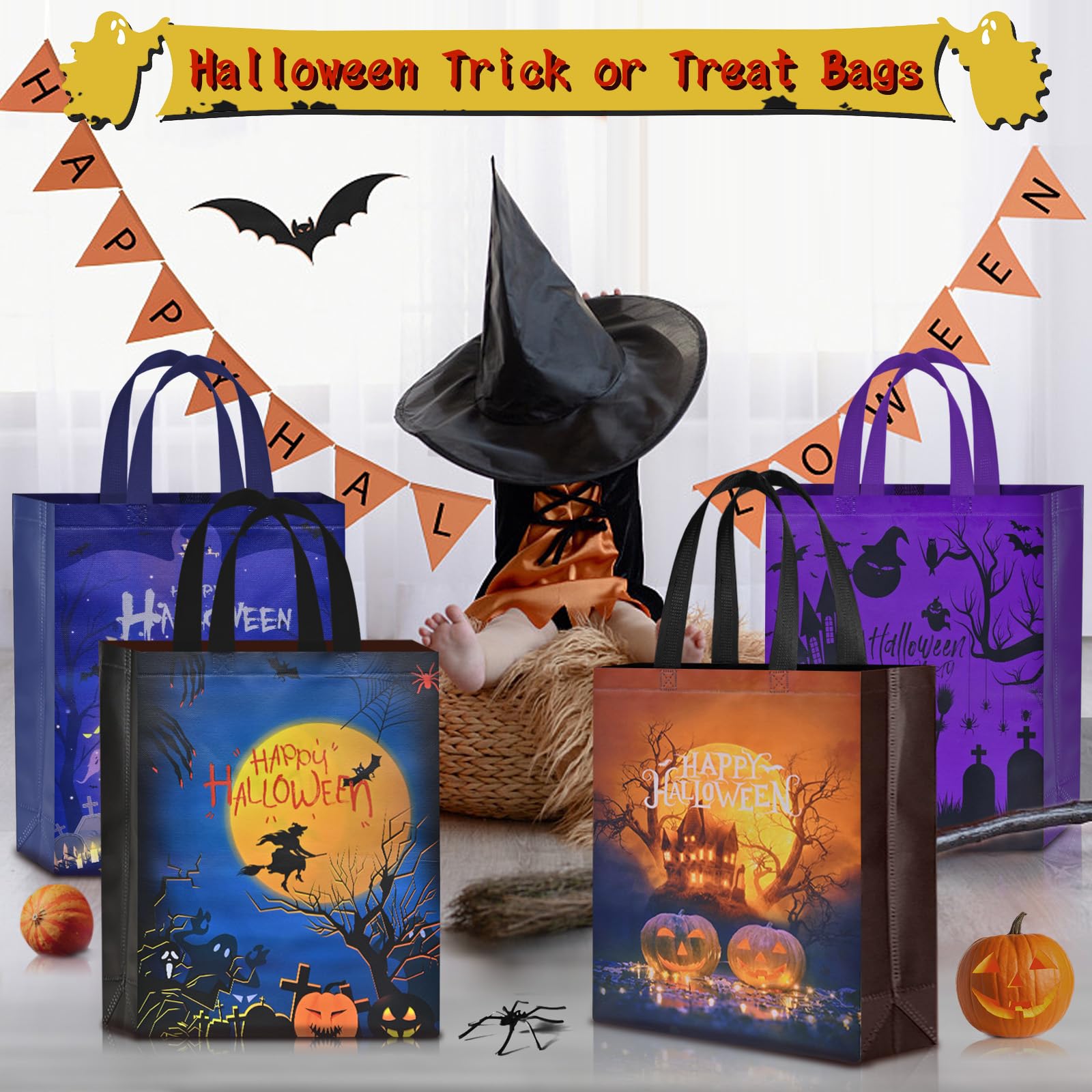 Ahfulife 12 Pcs Halloween Trick Or Treat Bags, Large Halloween Candy Tote Bags With Handles, Reusable Halloween Non-Woven Gift B