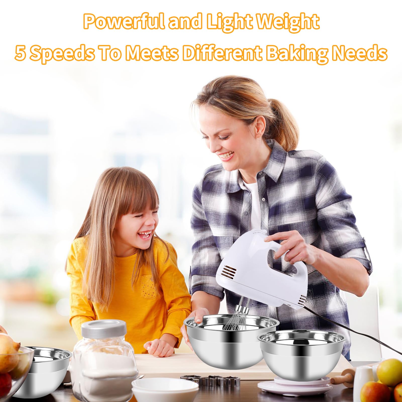 Wepsen Hand Mixer Electric Mixing Bowls Set, 5 Speeds Handheld Mixer With 4 Nesting Stainless Steel Mixing Bowl, Measuring Cups