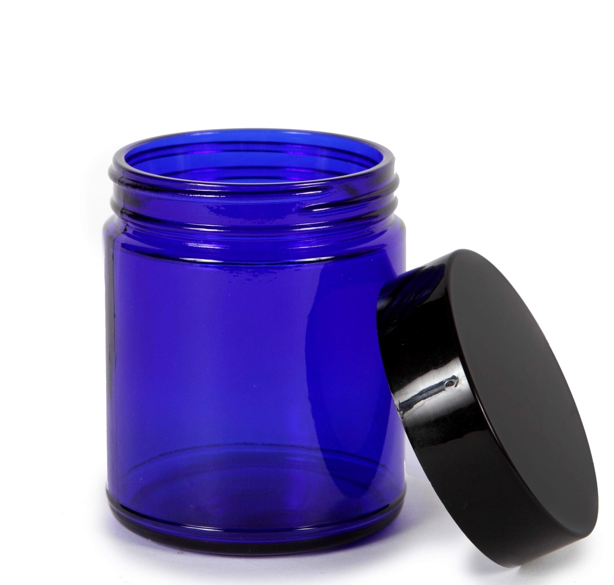 Vivaplex, Cobalt Blue, 8 Ounce, Round Glass Jars, With Black Lids - 8 Pack