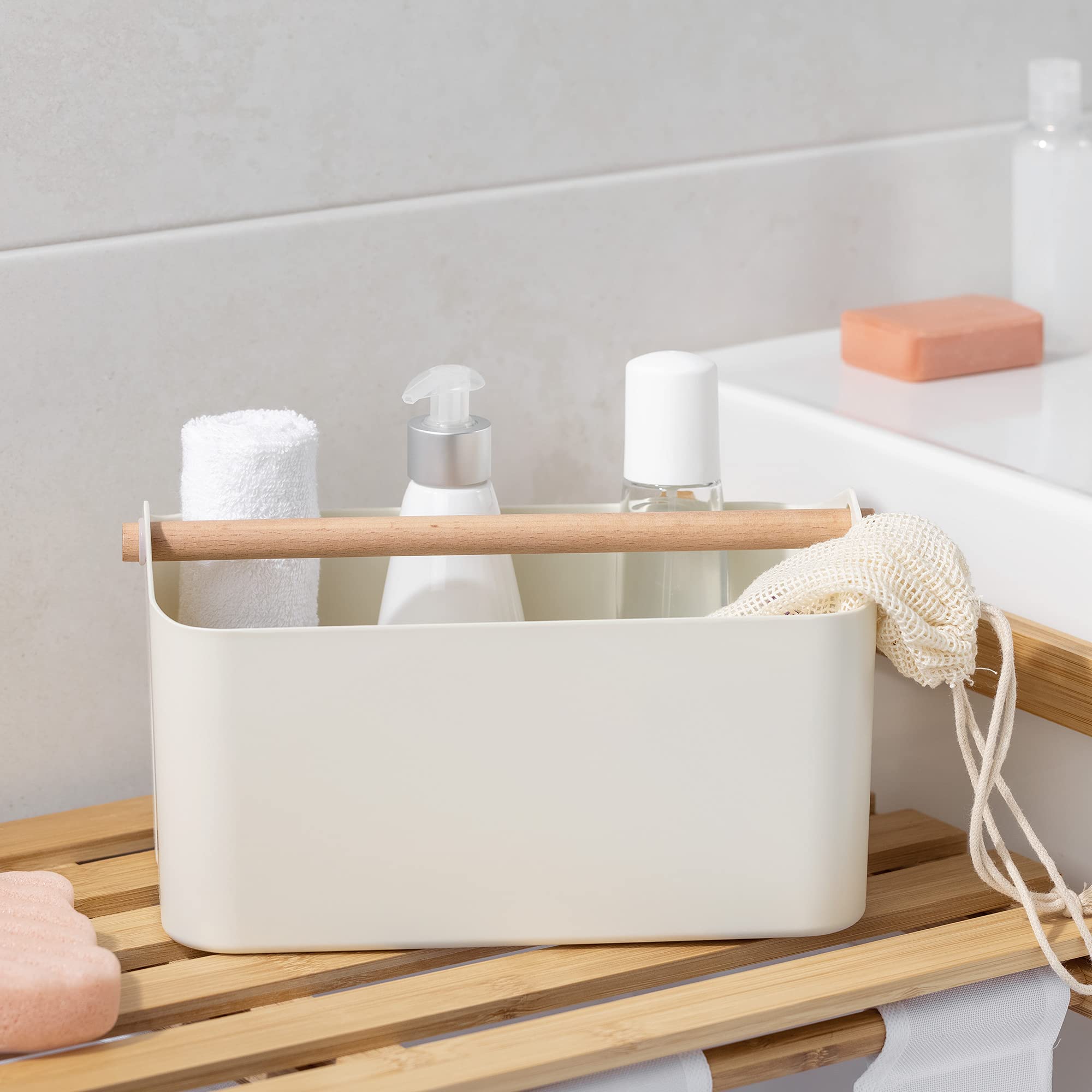 Navaris Organizer Caddy with Wood Handle - Storage Holder with 2 Compartments for Makeup Nursery Desk Bathroom 10.4 '' x 6.5 ''
