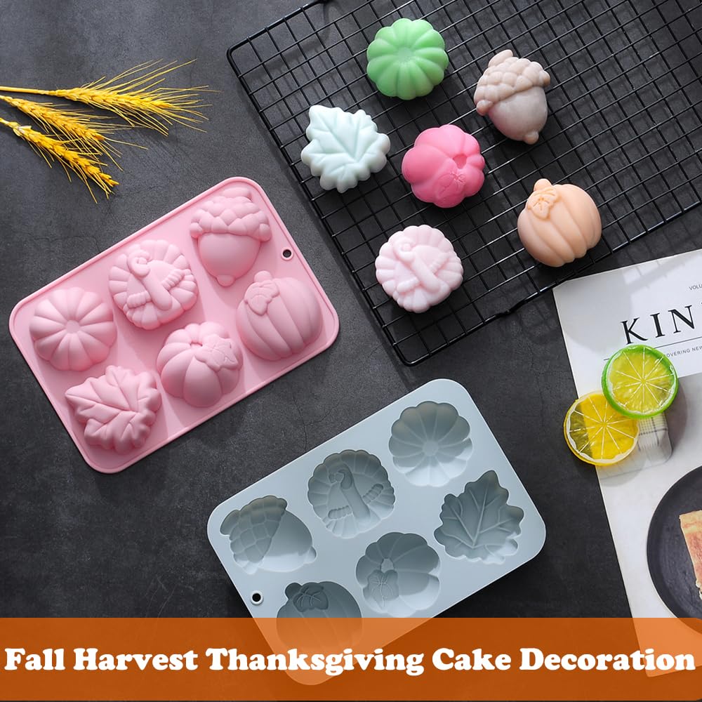 Ourashero 2 Pack Fall Thanksgiving Chocolate Molds Autumn Pumpkin Maple Leaves Acorn Turkey Silicone Molds Fall Candy Resin Baki