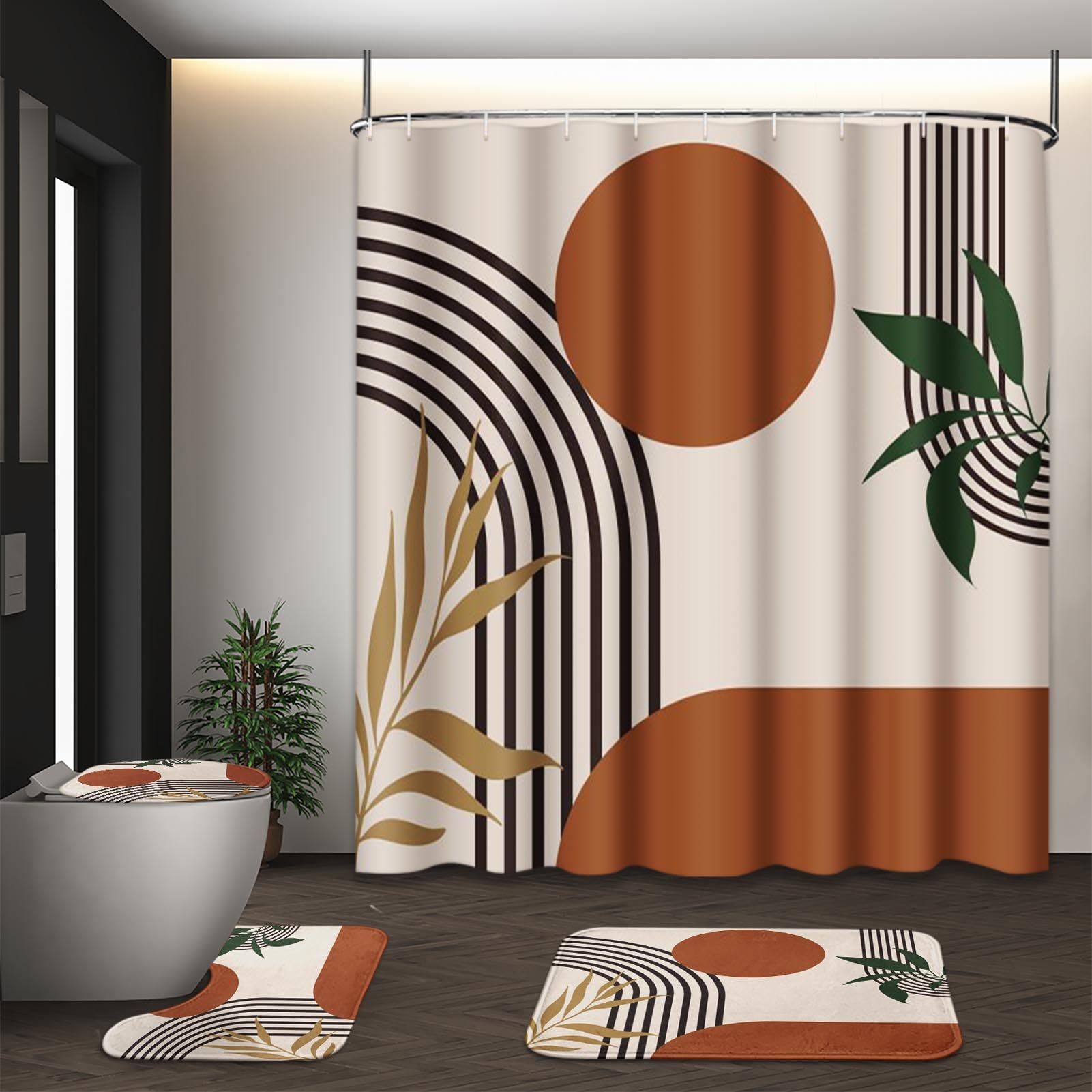 Tayney Boho Sage Green Mid Century Shower Curtain Set With Toilet Lid Cover And Non-Slip Rugs, Abstract Bohemian Gold Leaves Pla