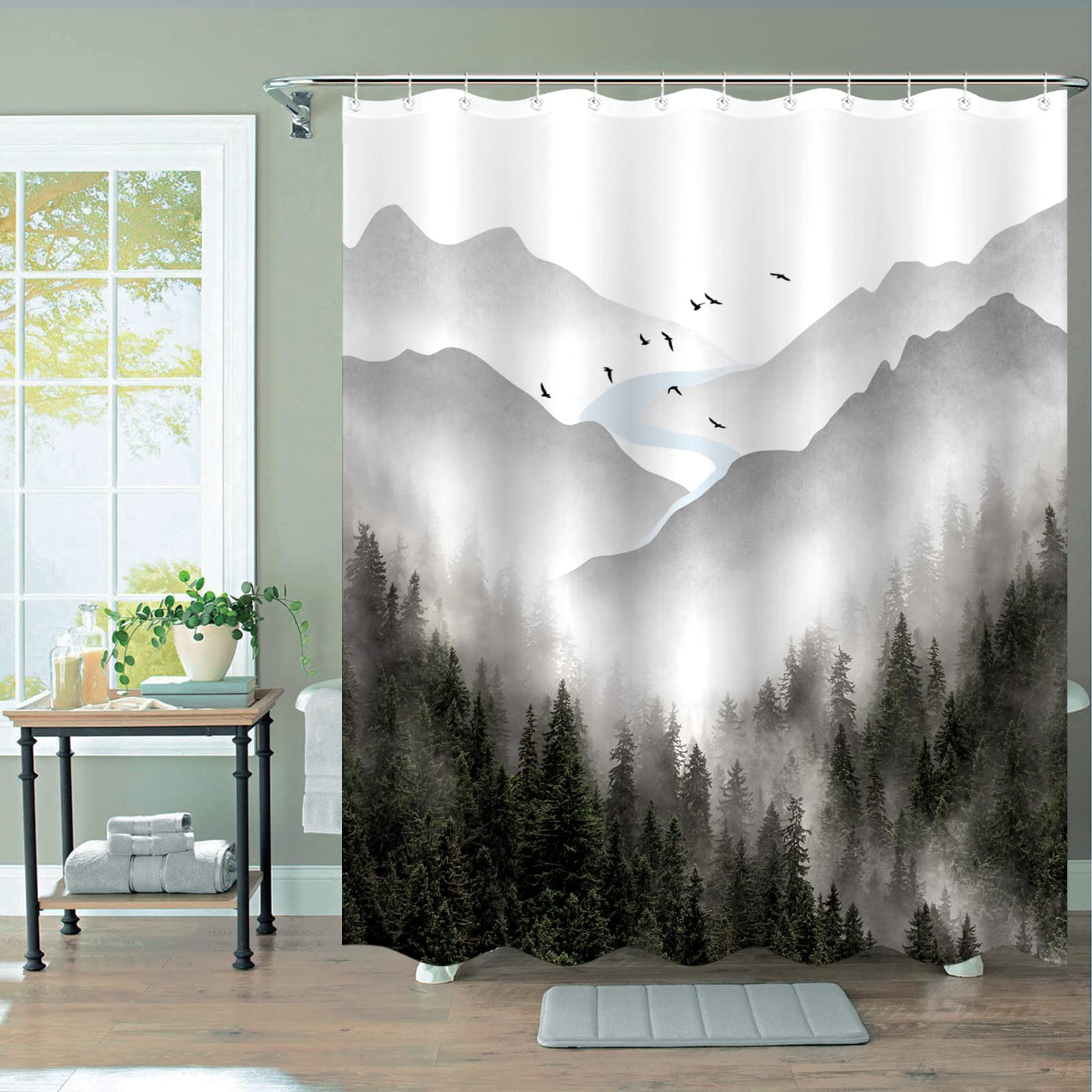 Zussun Long Gray Misty Forest Shower Curtain Grey Nature Foggy Tree Mountain Shower Curtains For Bathroom Waterproof Fabric Wood