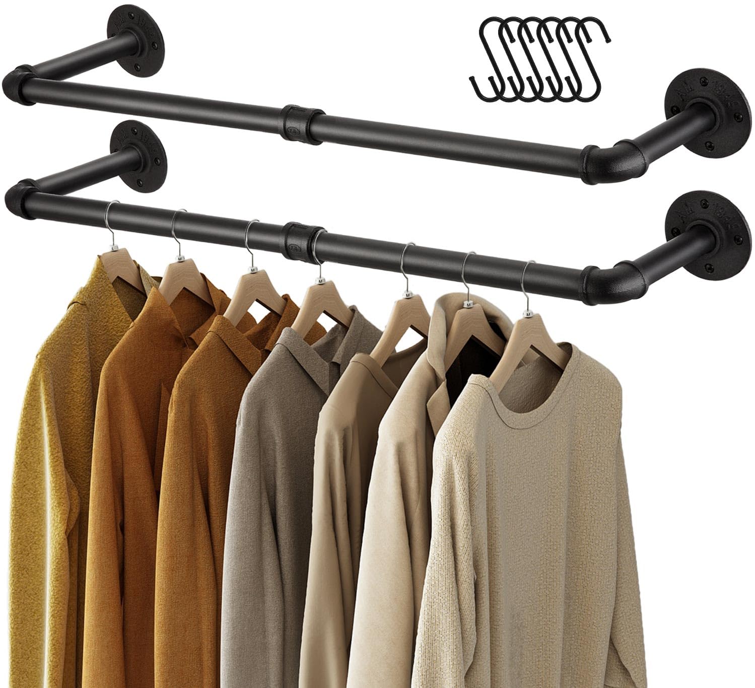 GREENSTELL Clothes Rack  36.2 Inch Industrial Pipe Wall Mounted Garment Rack  Space-Saving  Heavy Duty Detachable Garment Bar  Multi-Purpose Hanging Rod for Closet 2 Base (2 Pack)