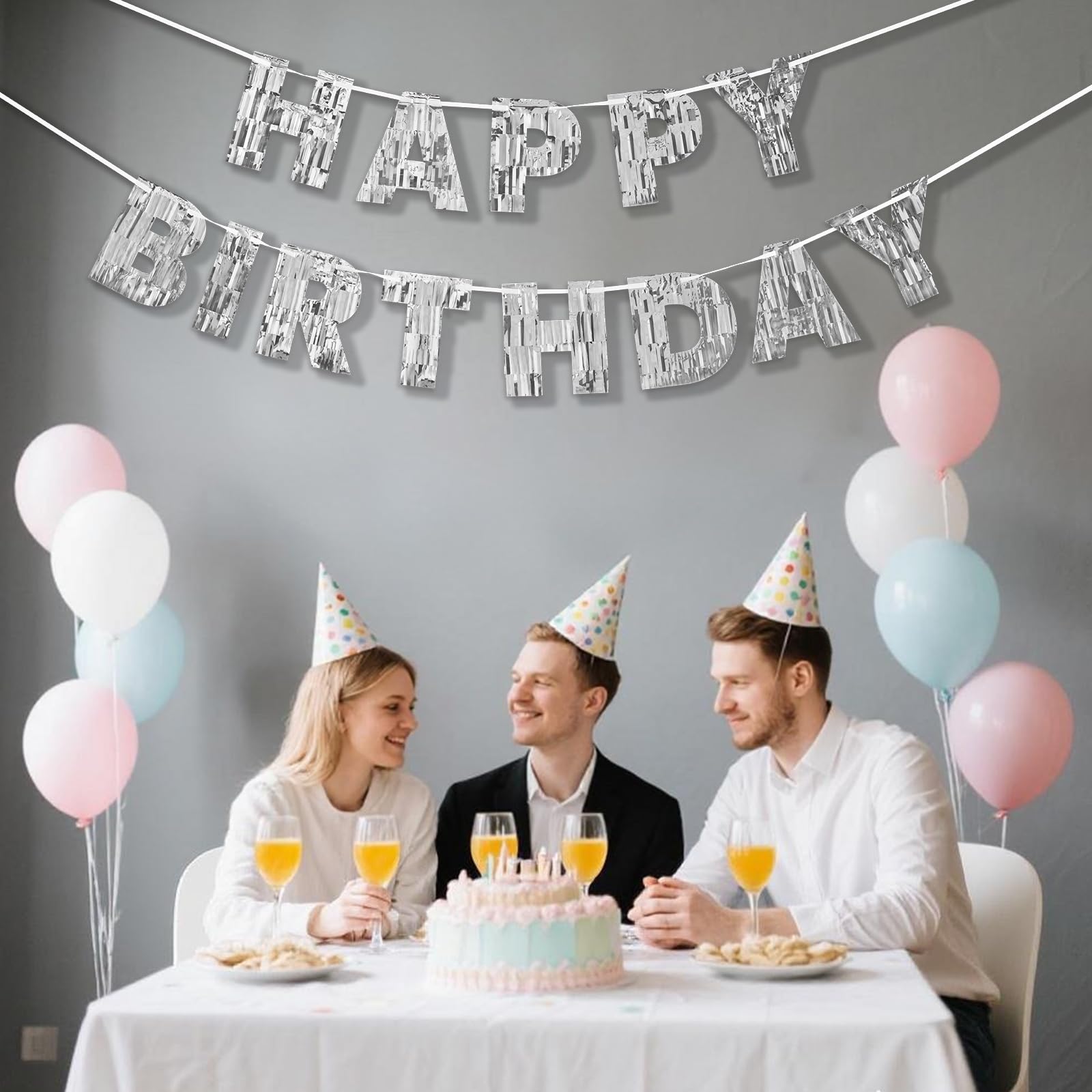Pre-Strung Silver Happy Birthday Banner- 9ft No DIY Glitter Foil Party Garland for Men, Women, Kids - Wall, Photo Backdrop, Dess