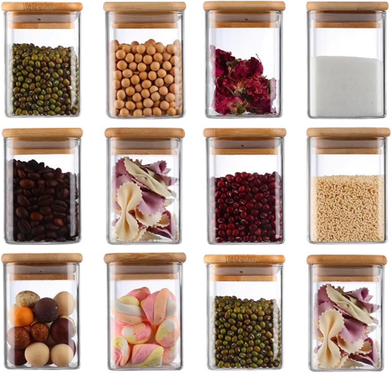 Mzp Spice Masala Jar Square 270 Ml, 12 Packs Glass Jars Set With Minimalist Spice Labels, Spice Jars With Bamboo Lids And White 
