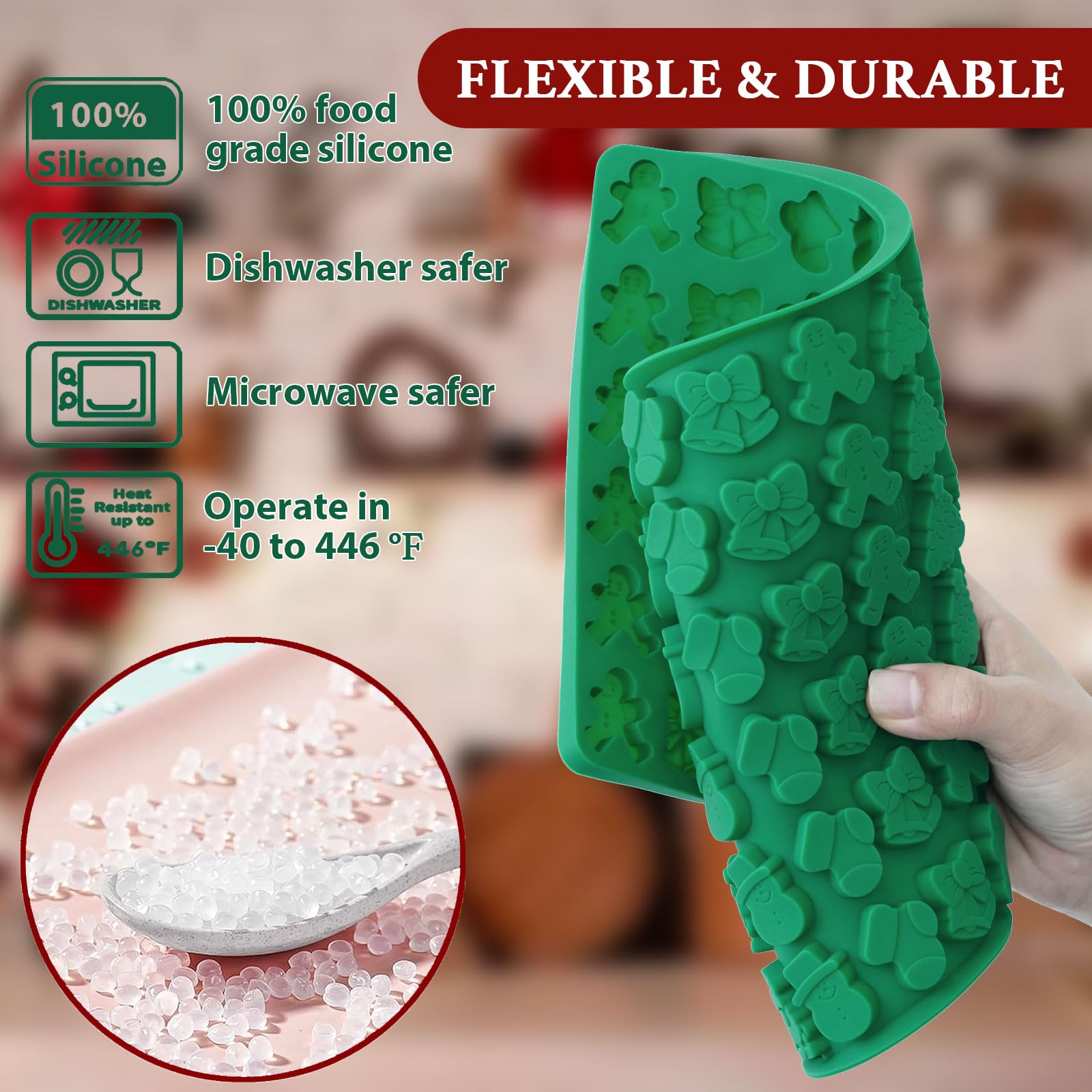 HKNMTT Mini Christmas Candy Molds, Silicone 72 Cavity Chocolate Mold, Tree Santa Snowman Stocking Bell Gingerbread Shape Gummy M