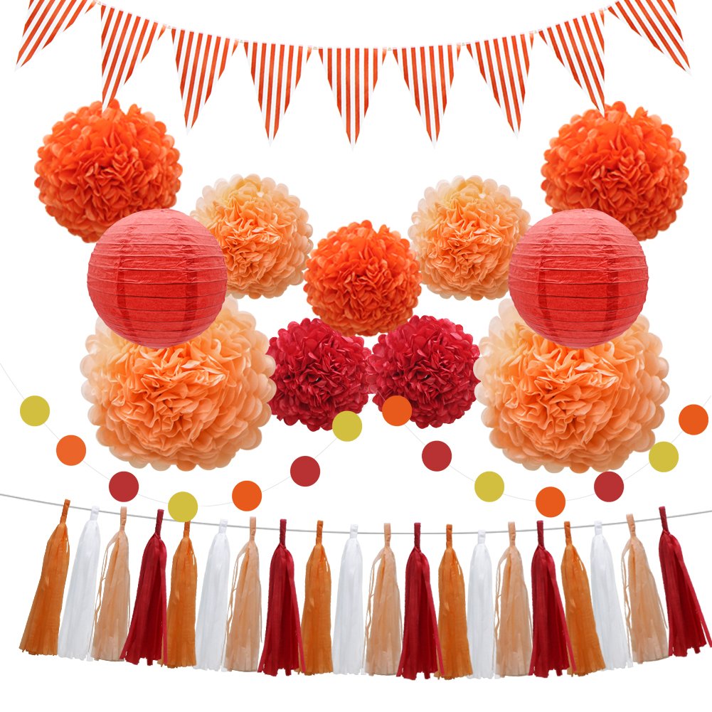 33pcs Party Decorations Supplies Set, Paper Lanterns Tissue Pom Poms Flowers Tassels Hanging Garland Banner Triangle Flag Buntin