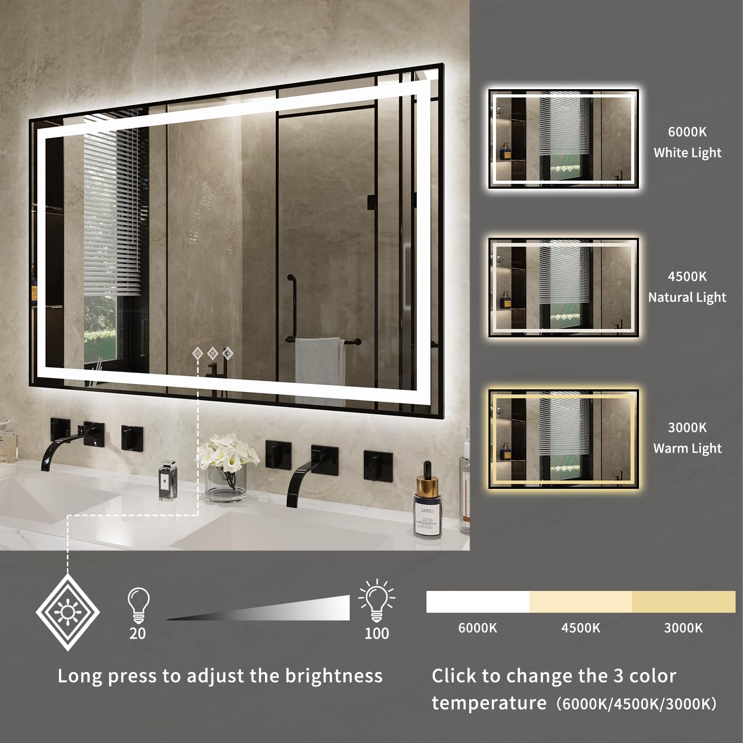 Vanpokins Led Bathroom Mirror, 48X32 Inch Black Framed Gradient Front And Backlit Lighted Bathroom Mirror, 3 Colors Dimmable Cri