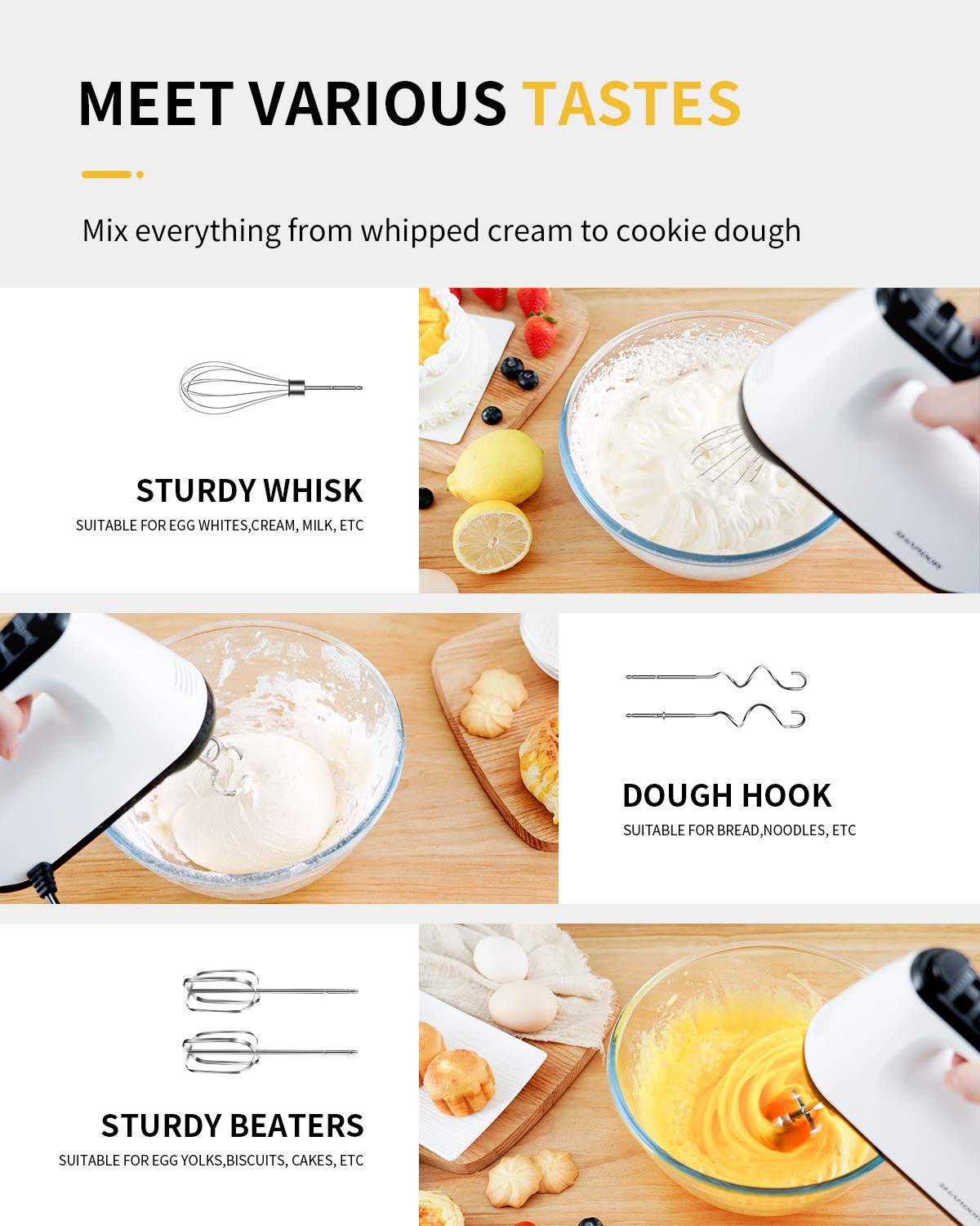SHARDOR Hand Mixer Electric  6 Speed & Turbo Handheld Mixer with 5 Stainless Steel Accessories  Electic Mixer for Whipping  Mixing Cookies  Brownie  Cakes  Dough Batters  Snap-On Storage Case  White
