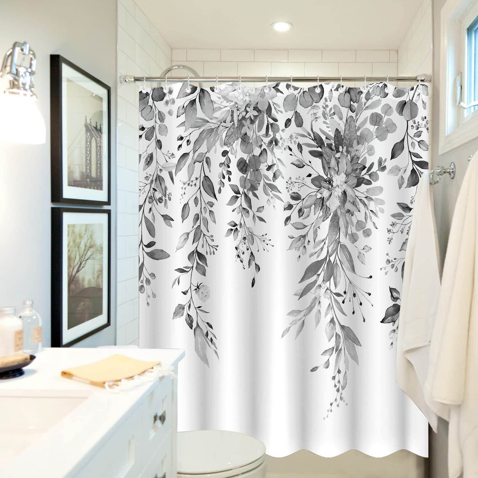 Zussun 84 Inch Extra Long Gray and White Eucalyptus Shower Curtain Watercolor Grey Floral Plant Leaf Shower Curtains for Bathroom Flower Waterproof Fabric Bath Curtain with Hooks (Black  72'' x 84'')