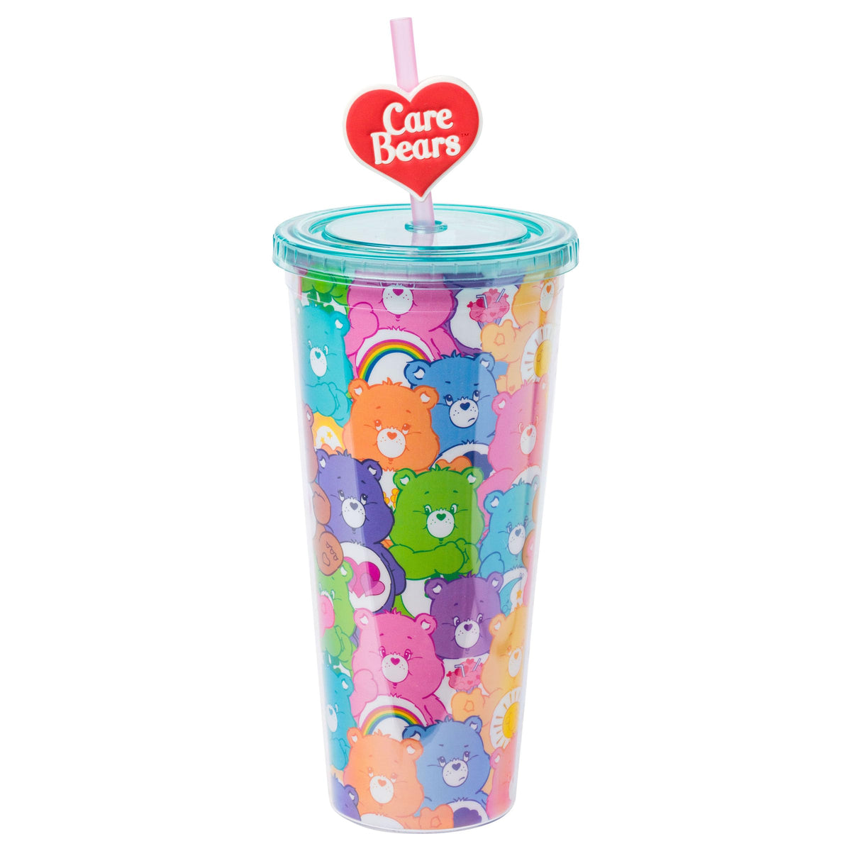Silver Buffalo Care Bears Multi Bear All Over Plastic Cold Cup With Lid And Topper Straw, 24 Ounces