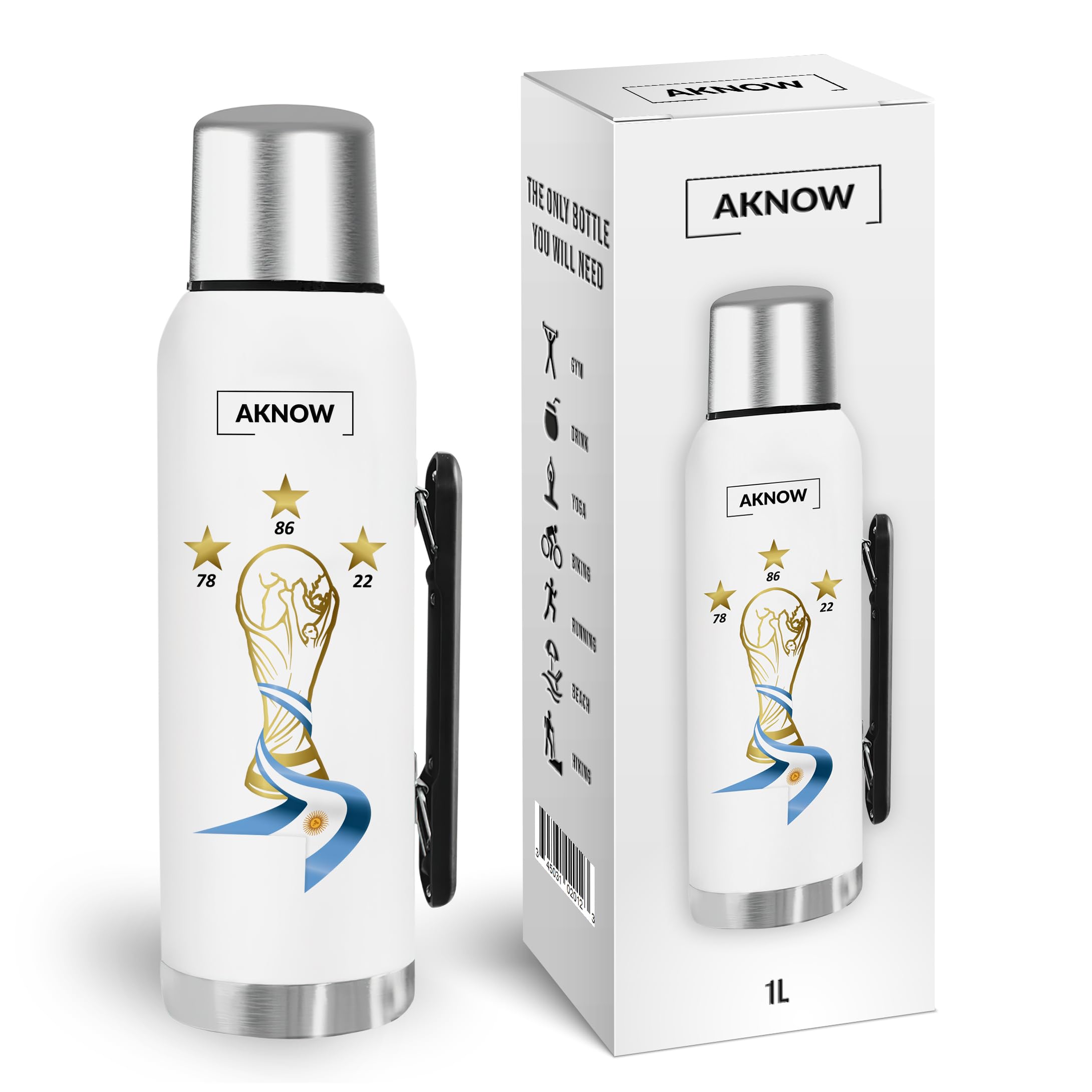 Thermo Argentino World Cup Stainless Steel Bottle Special For Mate Coffee With Argentine Flag 1Lt (White)