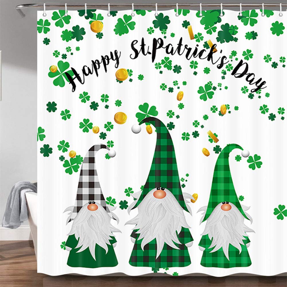 Merchr Happy St Patricks Day Shower Curtain, Green Clover Shamrock Leaf Irish Gnome Elf Design, Buffalo Check Plaid Decor Cloth