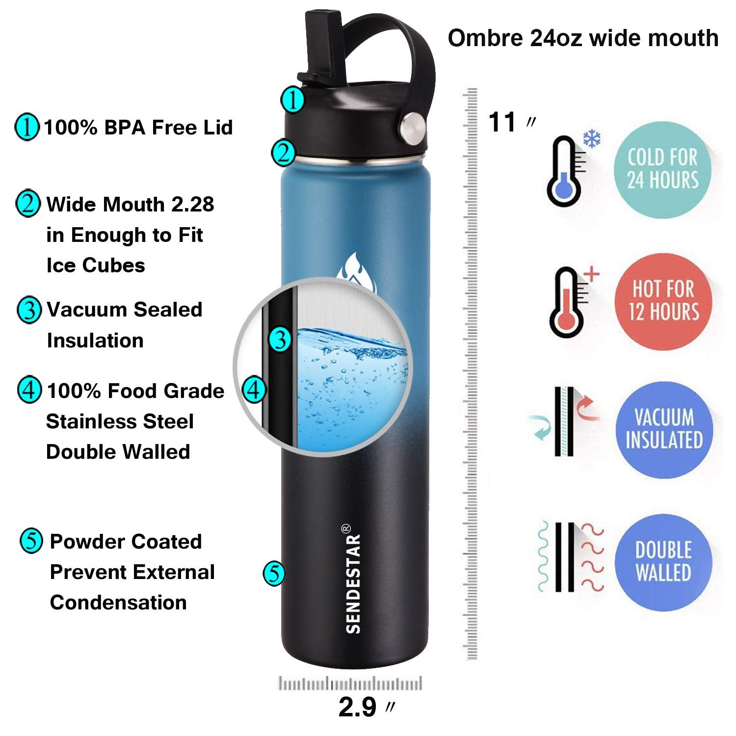 Sendestar Water Bottle 24Oz Double Wall Vacuum Insulated Leak Proof Stainless Steel Sports Water Bottle-Wide Mouth With New Flex