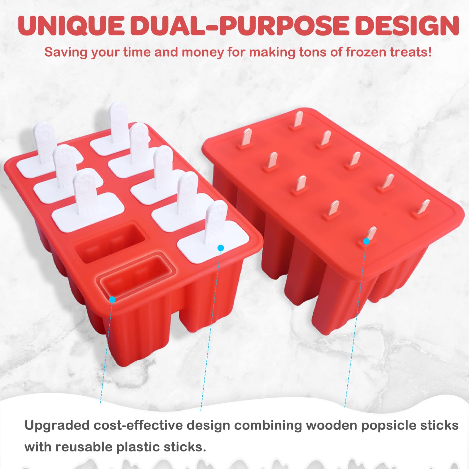 Miaowoof Homemade Popsicle Molds, 10-Cav Non-Bpa Silicone Ice Pop Maker, With 50 Sticks, 50 Bags, 10 Reusable Sticks, Funnel, Br