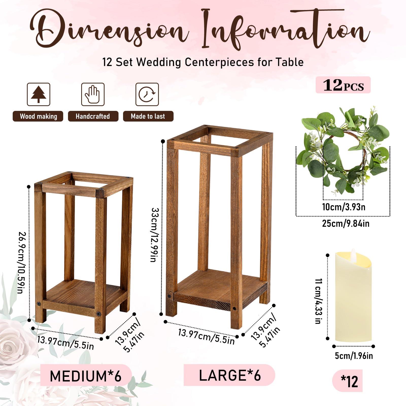 Geelin 12 Set 10.59  , 13   Brown Wooden Lanterns for Wedding Centerpieces Include 12 Wooden Lantern 12 LED Candle 12 Eucalyptus