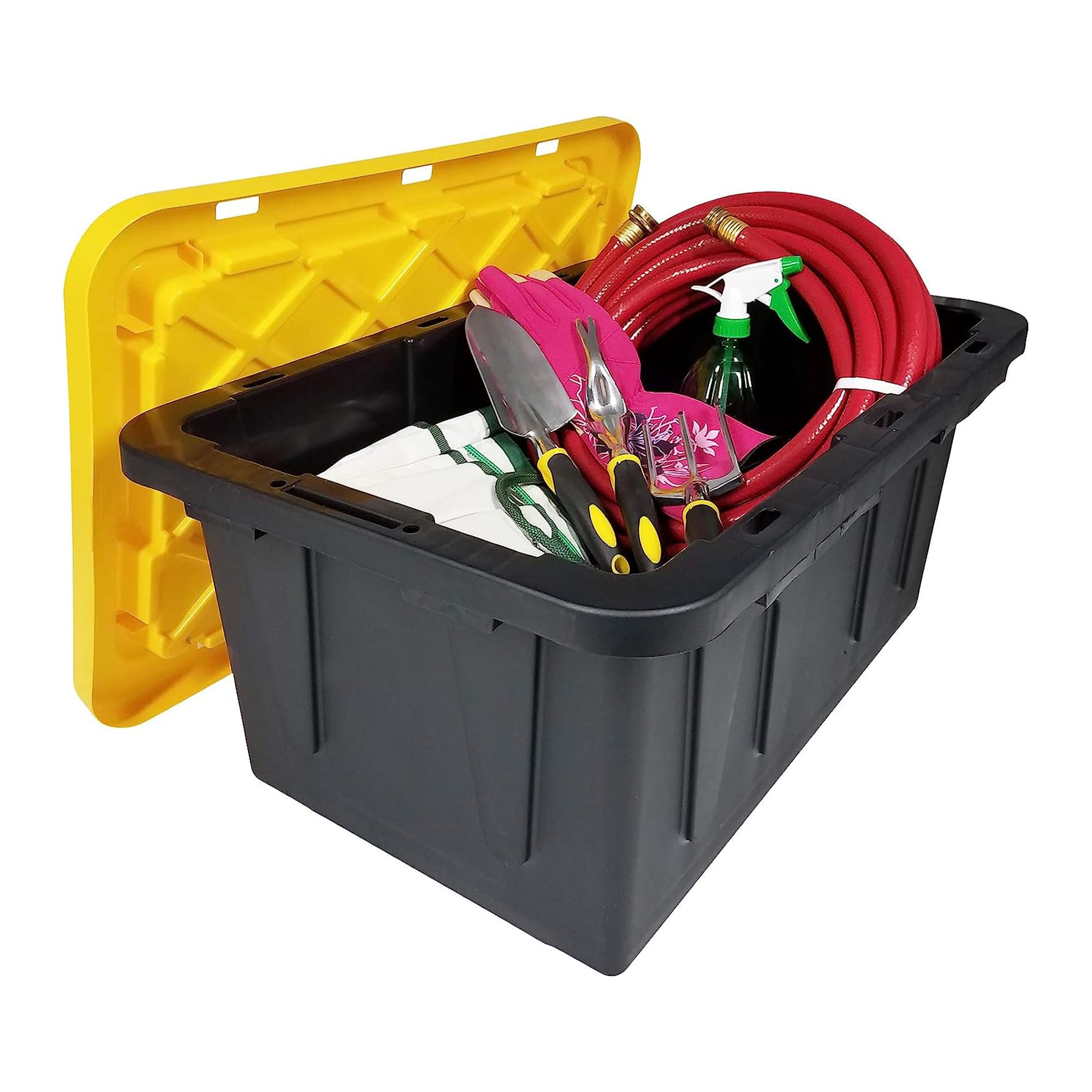 Homz 15-Gallon Durabilt Plastic Stackable Storage Organizer Container W/Snap Lid And Hasps For Tie-Down Straps Or Locks, Black/Y