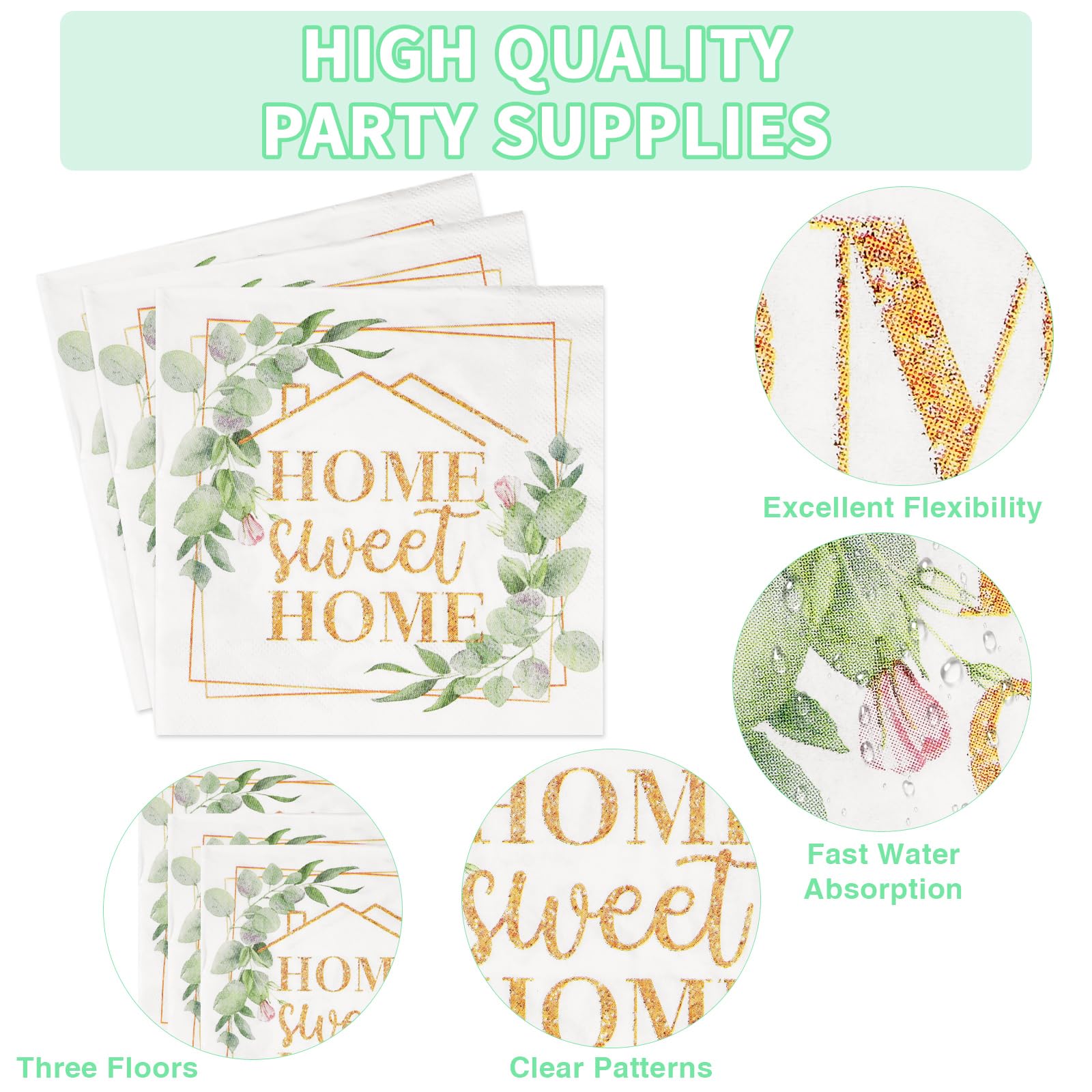 96Pcs House Warming Party Decorations Home Sweet Home Plates Disposable 350Gsm Green Leaves Pink Flower Gold House Warming Paper