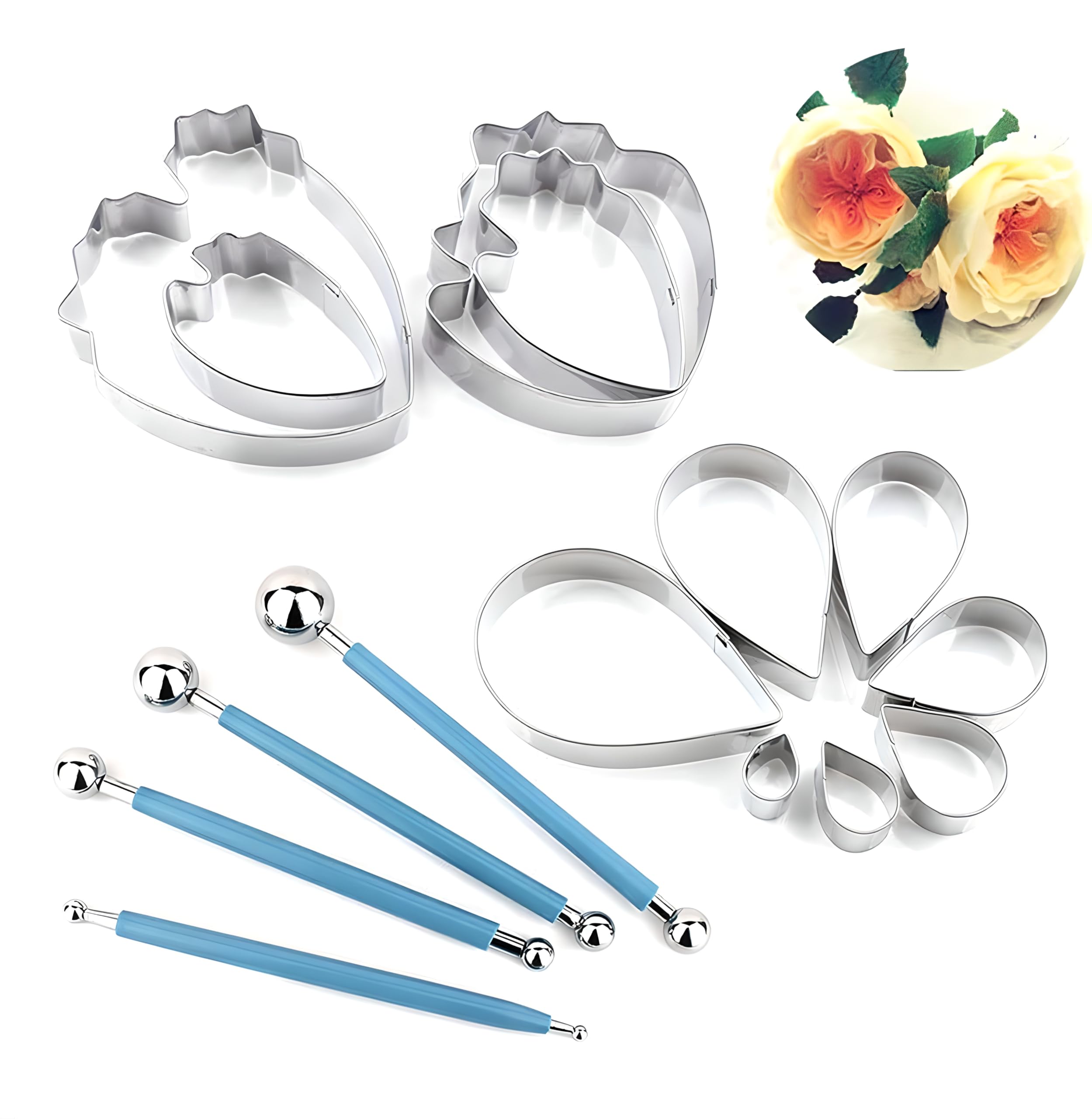 Zavaca 7 Pcs Rose Petal Cutter, 4 Pcs Herbaceous Peony Cutter & 4 Pcs Metal Ball Fondant Cake Decorating Sugarcraft Gumpaste Flo