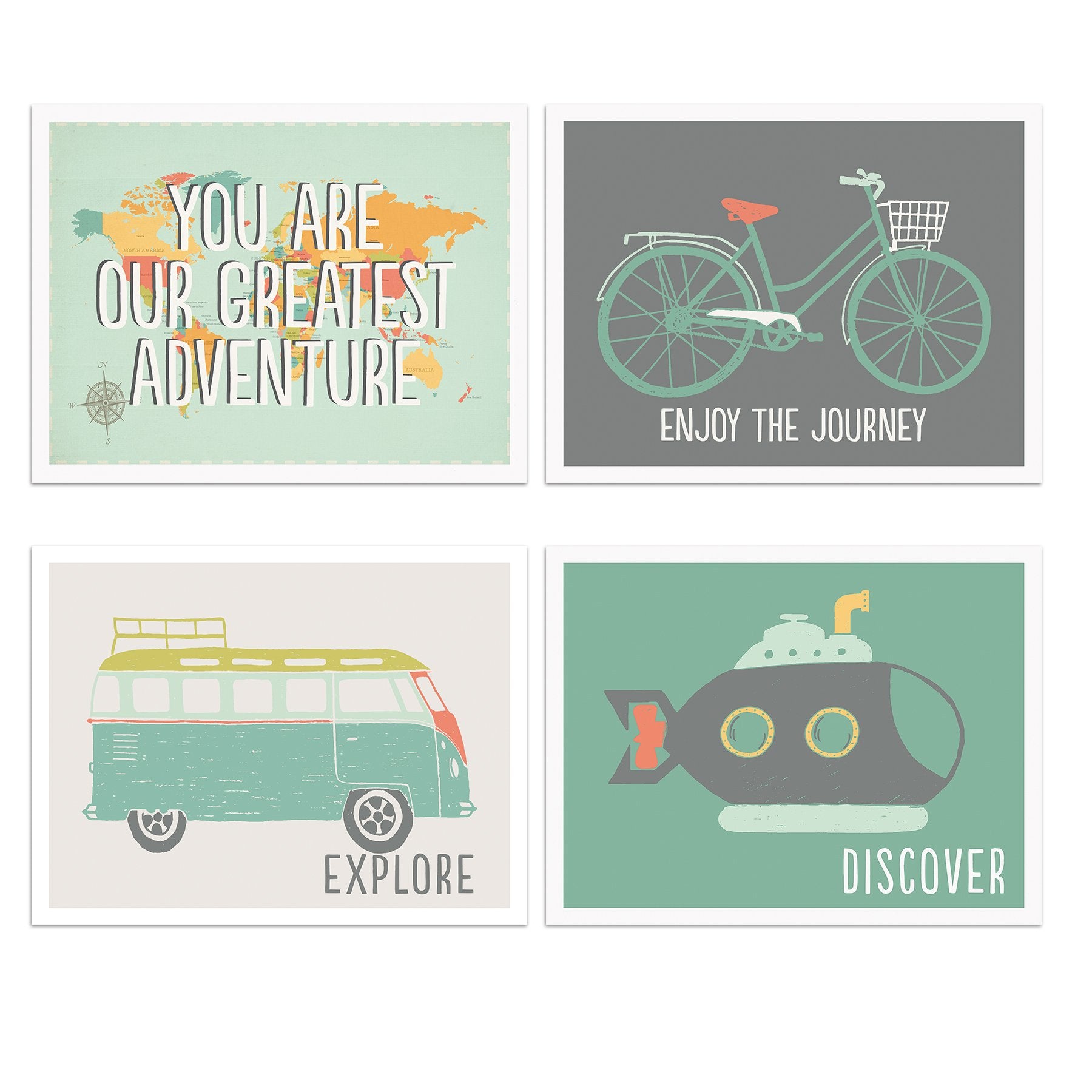 Adventure Nursery Decor Set of Four 11x14 Prints, Explore Nursery Art Bedrooms, Playrooms, or Classrooms, Kids World Map, Advent