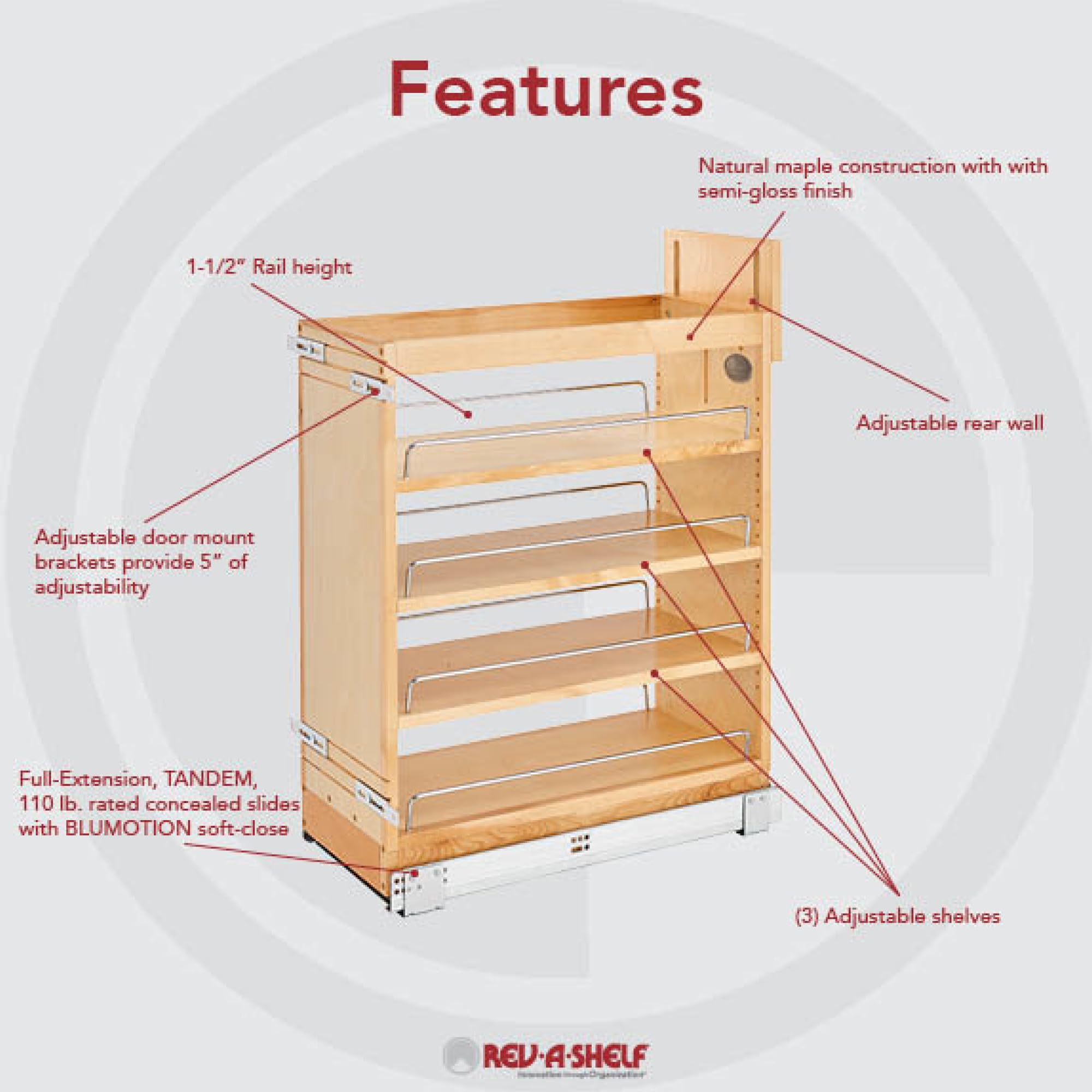 Rev-A-Shelf 10.25'' Pull Out Storage Organizer For Base Kitchen/Bathroom Cabinets W/Soft-Close Full Extension Slides & Adjustabl