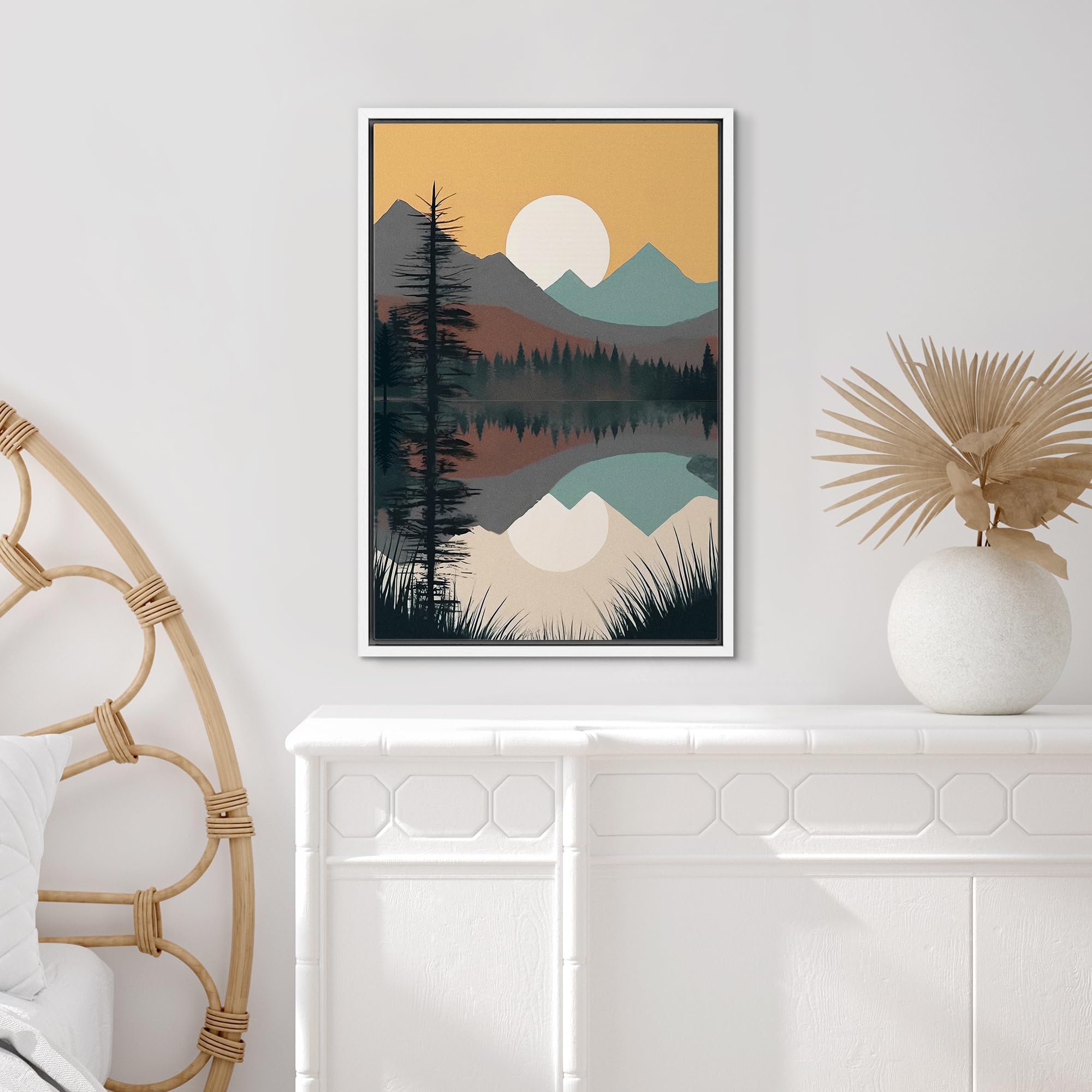 Signford Framed Canvas Print Wall Art Sunset Over Mountain Range Pine Tree Forest Nature Wilderness Illustrations Decorative Boh