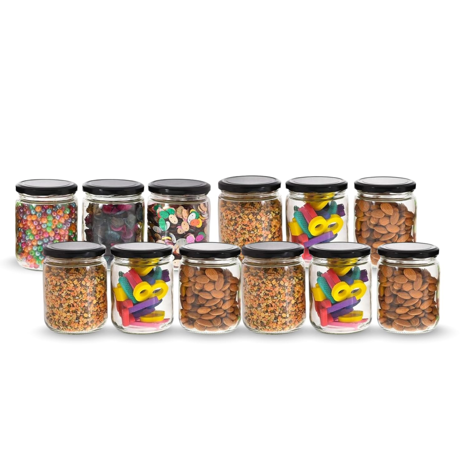 Machak Kitchen Storage Glass Jar For Kitchen With Air Tight Black Cap, 500Ml, Clear (Set Of 12)