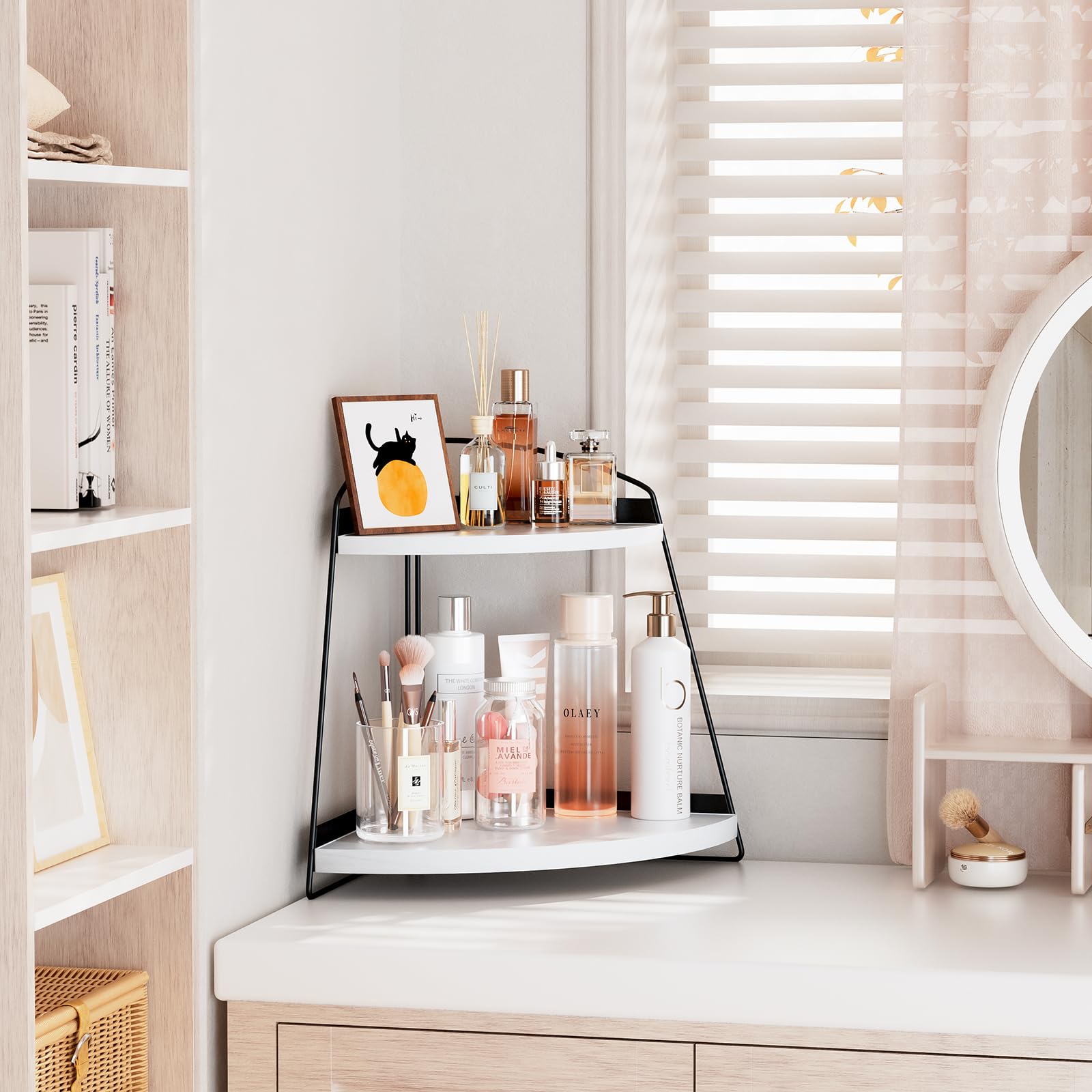 Puricon Bathroom Counter Organizer, 2 Tier Corner Countertop Storage Shelf Bathroom Sink Organizer, Wood Triangle Bathroom Organ