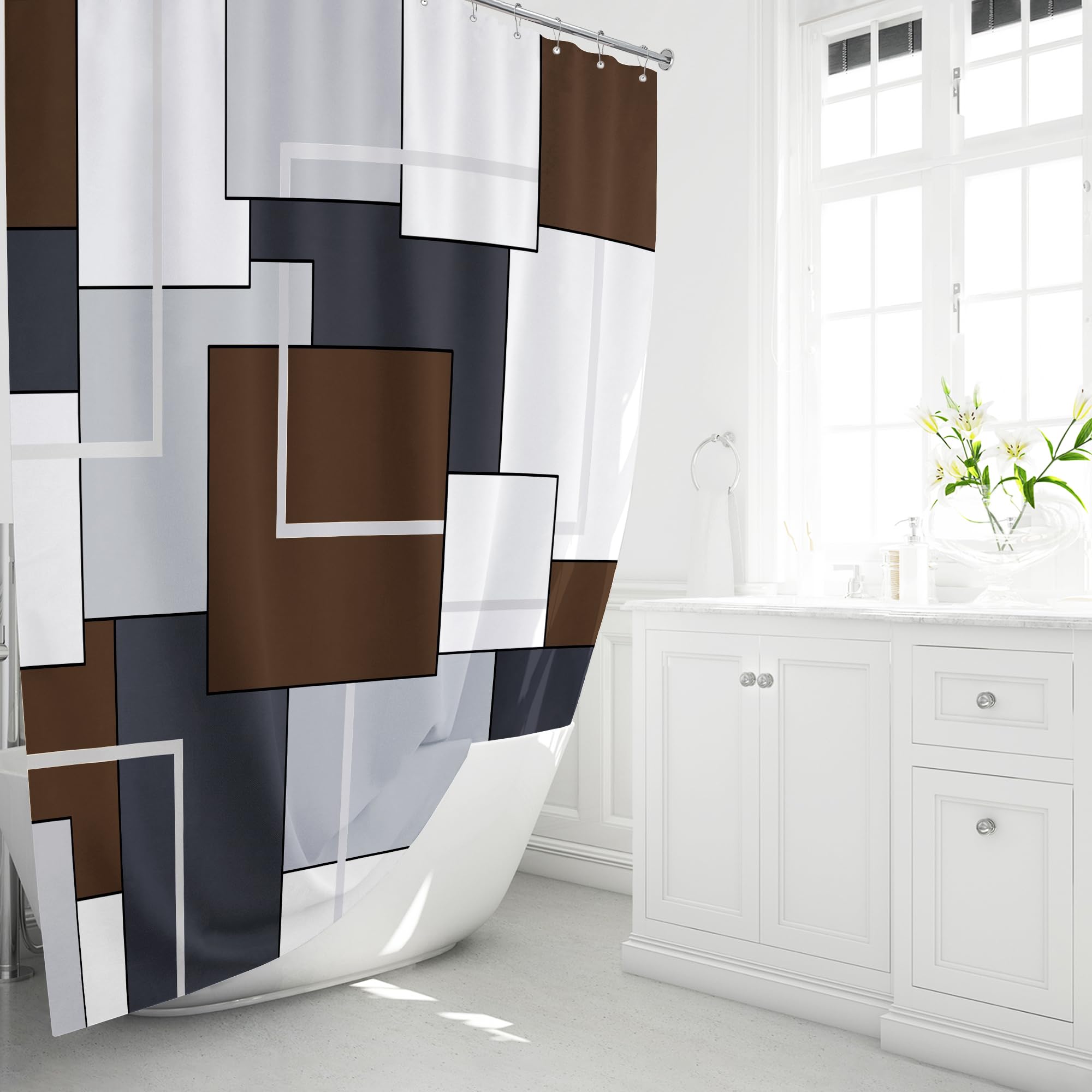 BTTN Brown Fabric Shower Curtain - Geometric Shower Curtain Set with 12 Plastic Hooks  Water Repellent  Machine Washable  Modern Decorative Polyester Cloth Shower Curtains for Bathroom - 72x72
