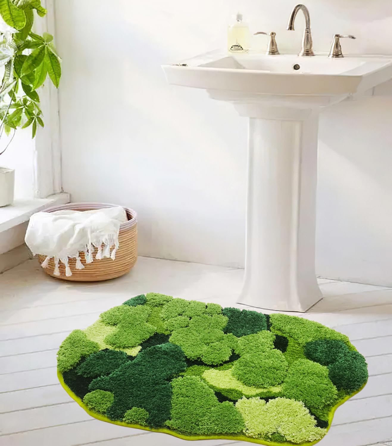Hifuwan Cute Green Moss Shag Bathroom Rugs Leaf Bath Mats For Bathroom Decor Aesthetic Leaves Soft Non Slip Washable Aabsorbent