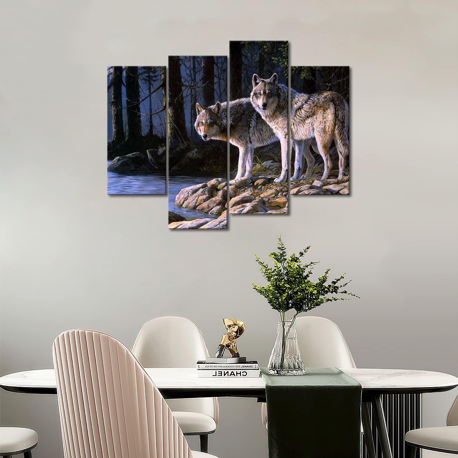 Two Wolf Stand On River Bank Forest Wall Art Painting Wolves Pictures Print On Canvas Animal The Picture for Home Modern Decoration