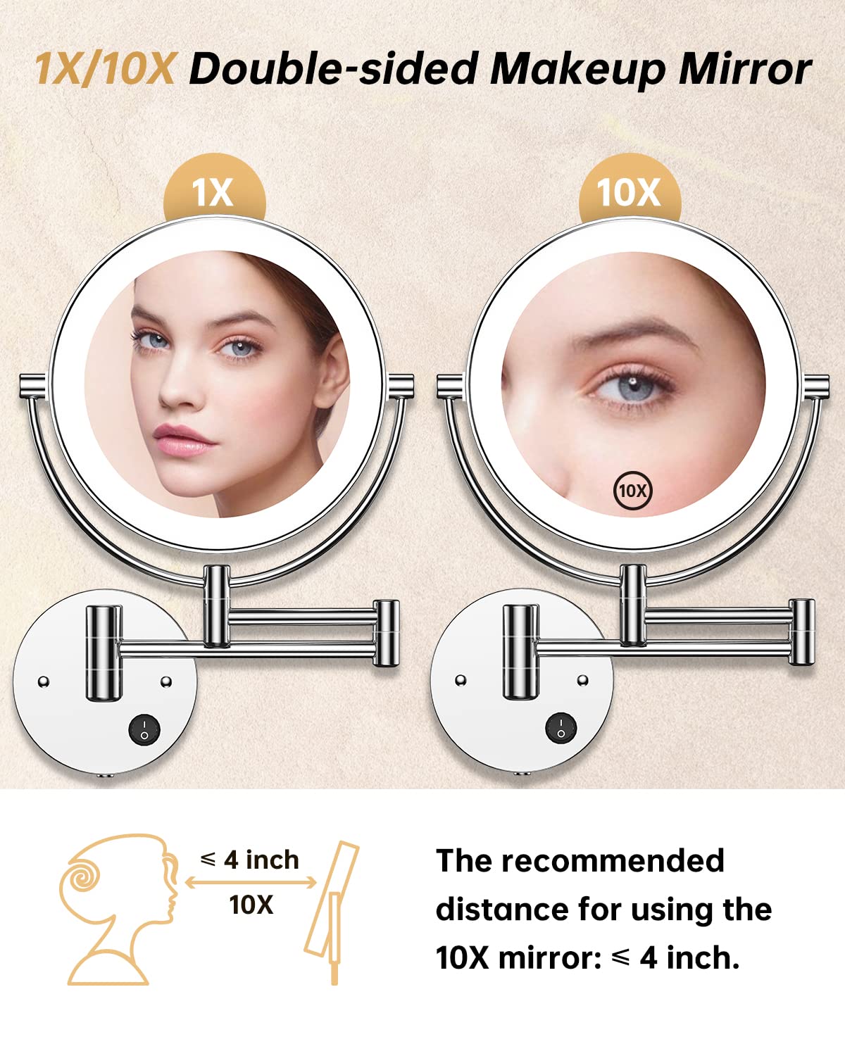Gospire 8.5 '' Wall Mounted Lighted Magnifying Mirror  1X/10X Double-Sided Magnification Round LED Cosmetic Vanity Bathroom Mirror Extendable Arm 360 Swivel for Shaving Makeup