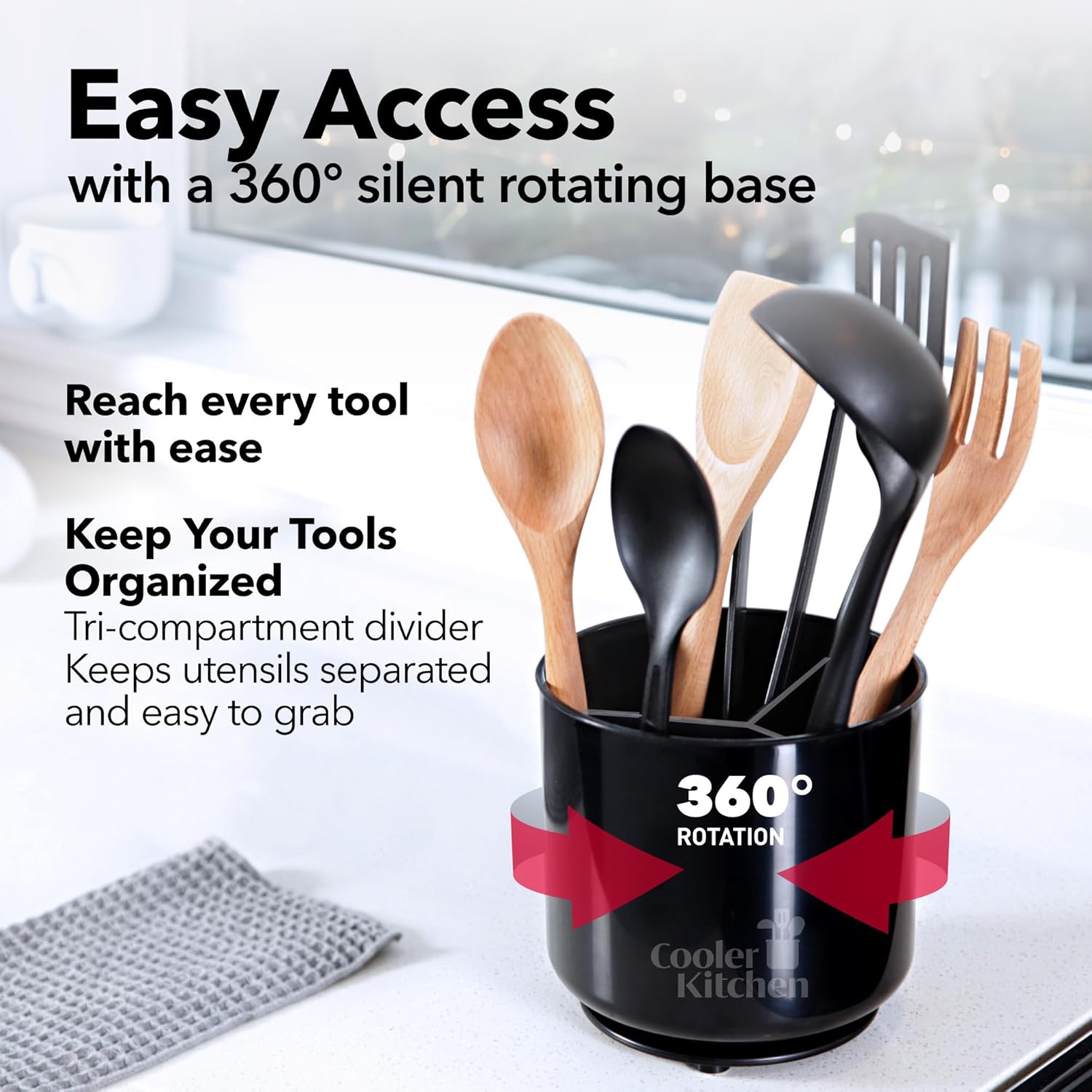 Cooler Kitchen Extra Large and Sturdy Rotating Utensil Holder Caddy with No-Tip Weighted Base, Removable Divider, and Gripped Insert | Rust Proof and Dishwasher Safe