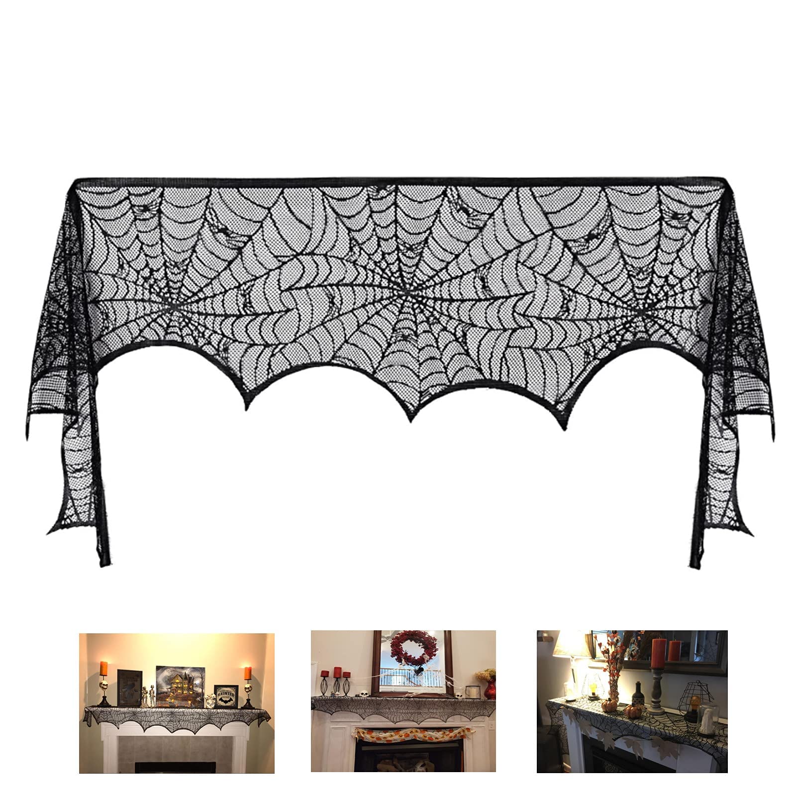Comtraker Halloween Fireplace Mantle Decorations, Black Lace Spiderweb Fireplace Mantel Scarf Cover Garland For Festive Party Su