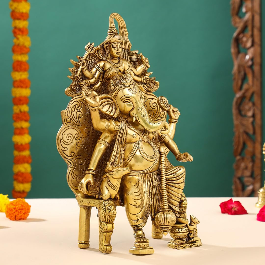 Mridaya Brass Ganesha On Throne (Singhasan) Idol (16 Inch), Brass Ganesh Statue, Ganpati Idol, Good Luck Gift For New Beginnings