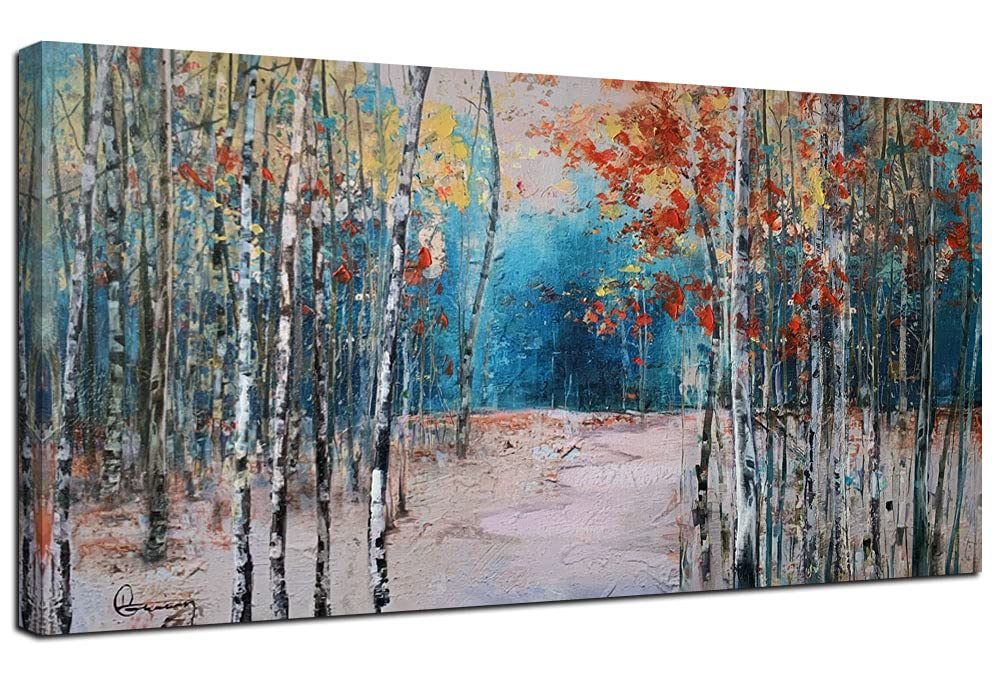 Ardemy White Birch Tree Canvas Wall Art Blue Forest Painting Landscape Panoramic Picture, Teal Nature Artwork Extra Large Framed