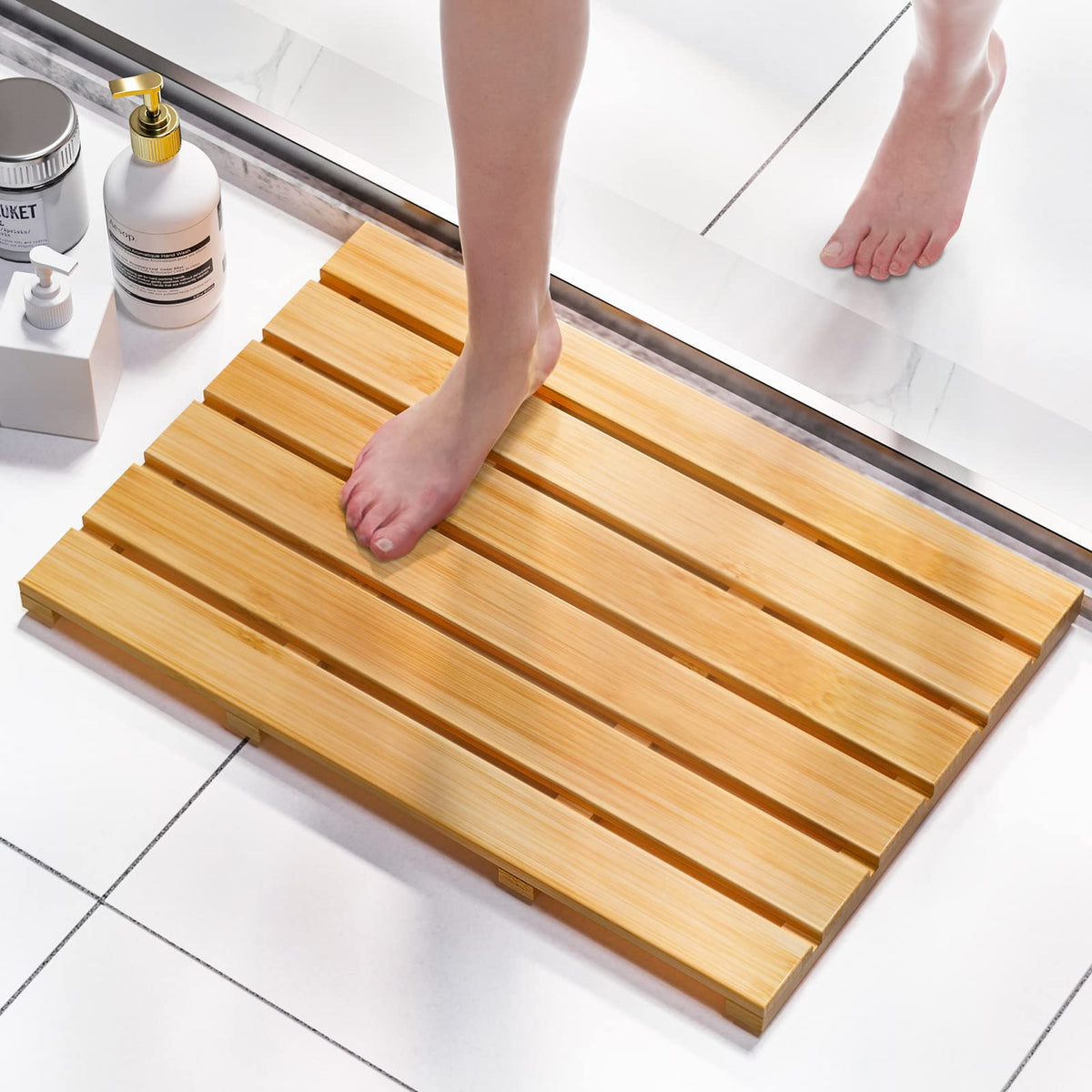 Domax Bamboo Bath Mat For Bathroom - Shower Mat Non Slip Waterproof Wooden Shower Floor Mat For Doorway Sauna Spa Yard Patio Poo