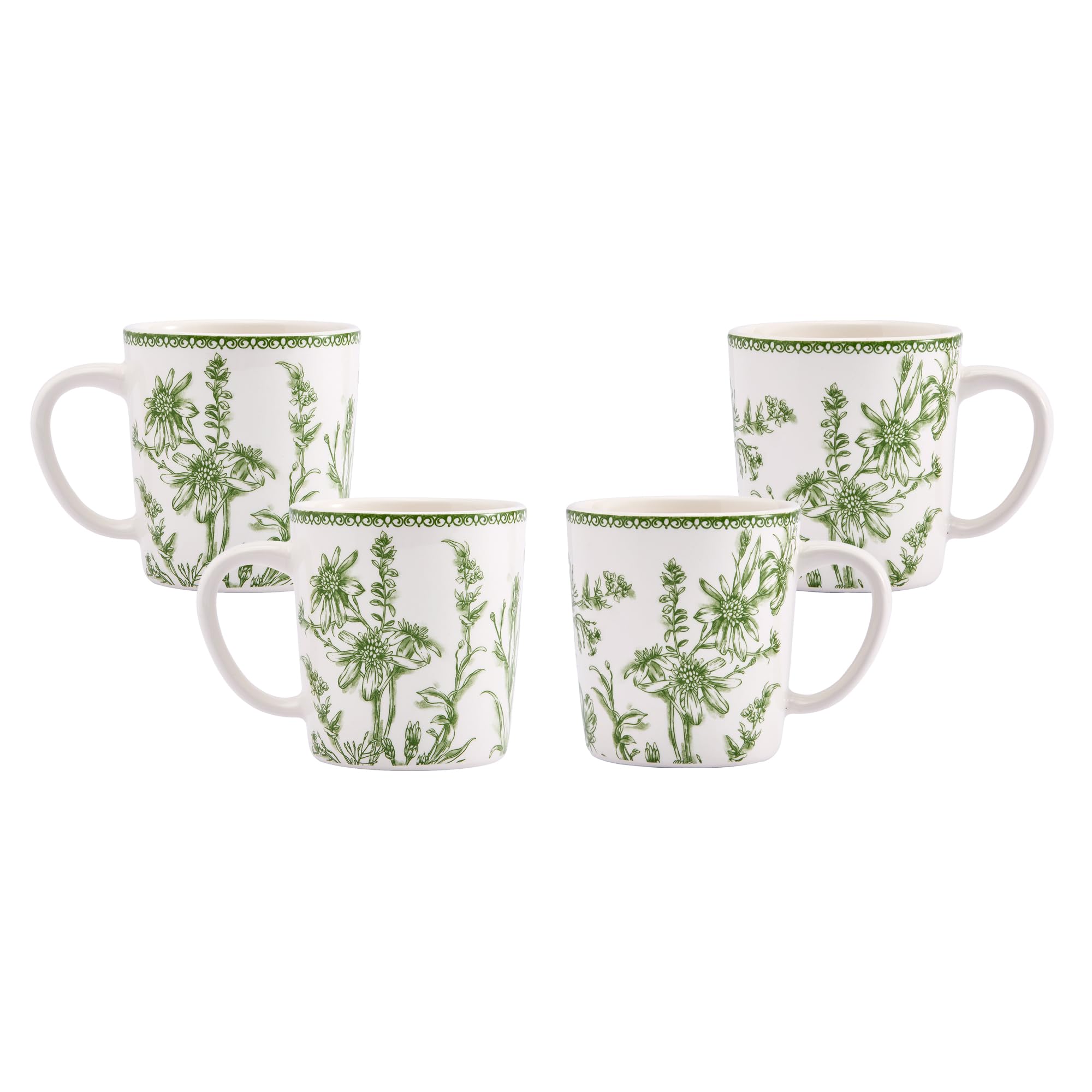 Bico Green Garden Toile De Jouy Ceramic Coffee Mugs Set of 4, 18 oz Large Tea Cups with Handle, Aesthetic Latte Mugs for Cappucc