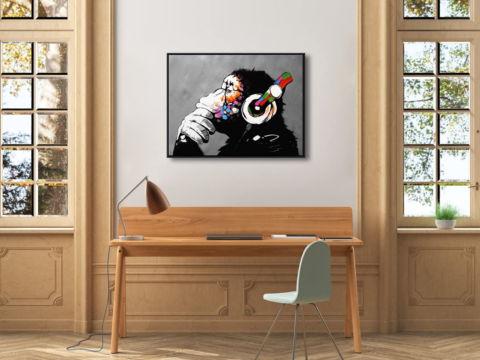 Wieco Art Large Black Framed Monkey With Headphones Banksy Graffiti Art Abstract Canvas Painting For Home Decor Canvas Wall Art