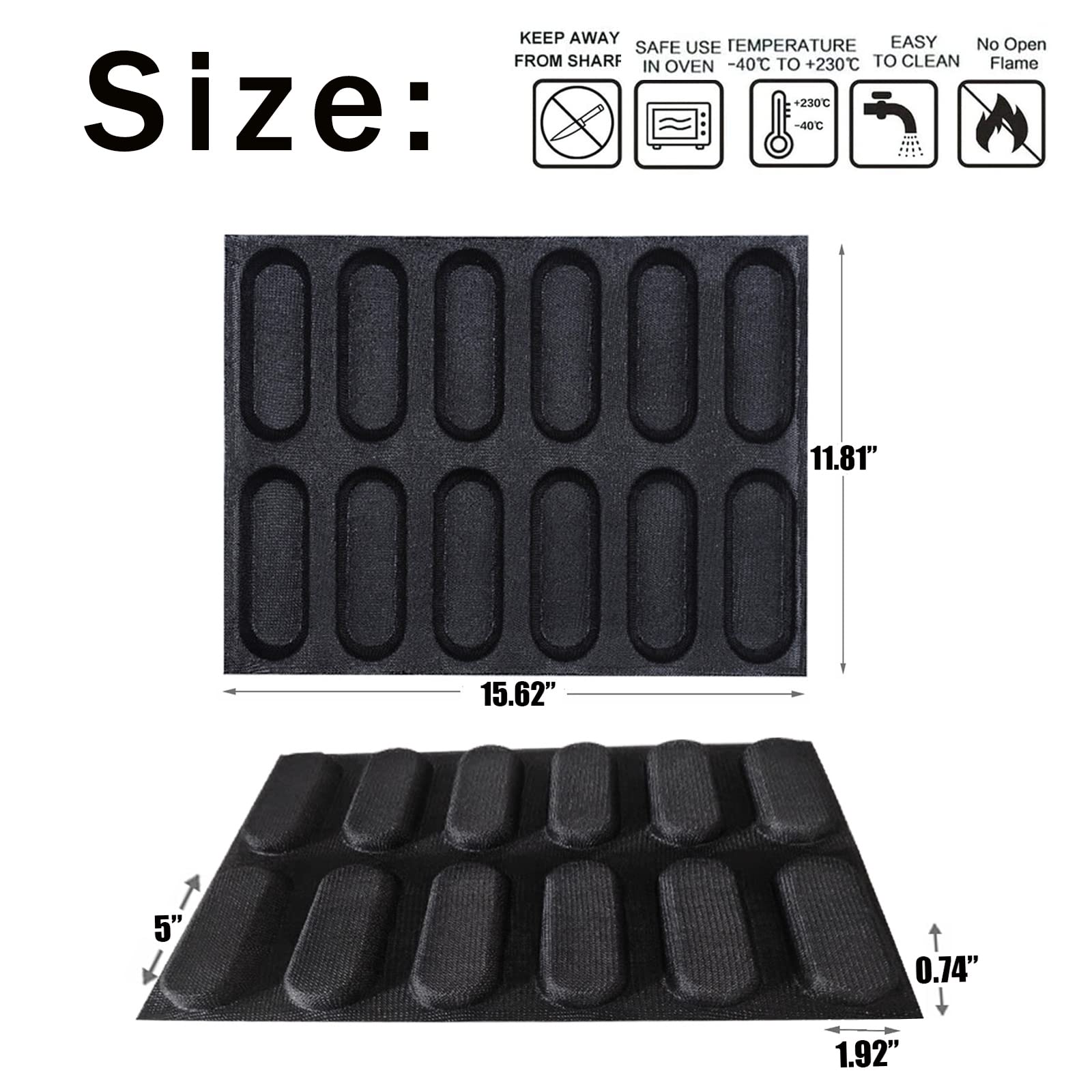 Dioycli Hot Dog Bun Mold Silicone French Baguette Bread Pan Perforated Sandwich Baking Form 12 Loaf Non-Stick Baking Liners Mat