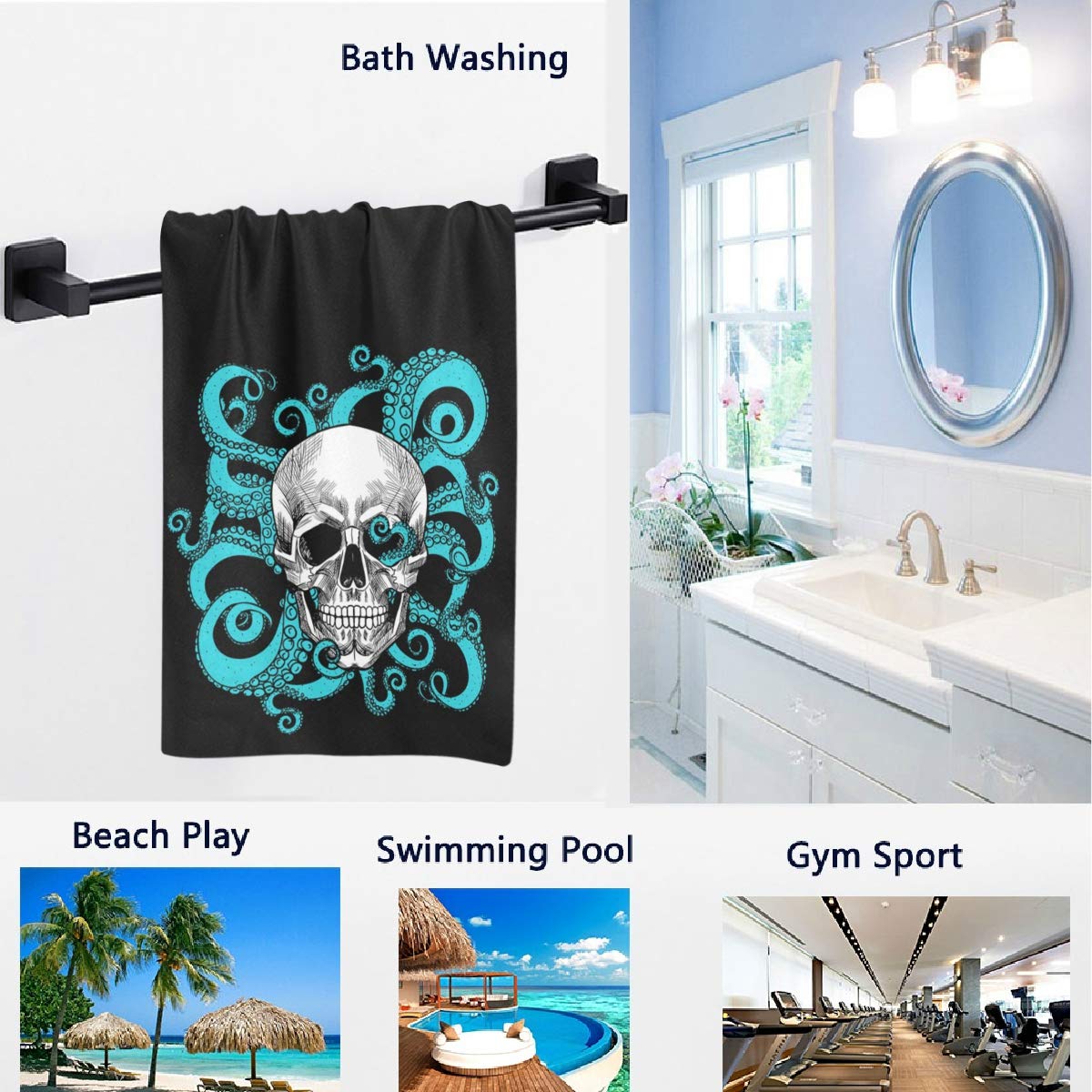 Naanle Cool Skull With Octopus Tentacles Pattern Soft Large Hand Towels For Bathroom, Hotel, Gym And Spa (16'' X 30'',Black)