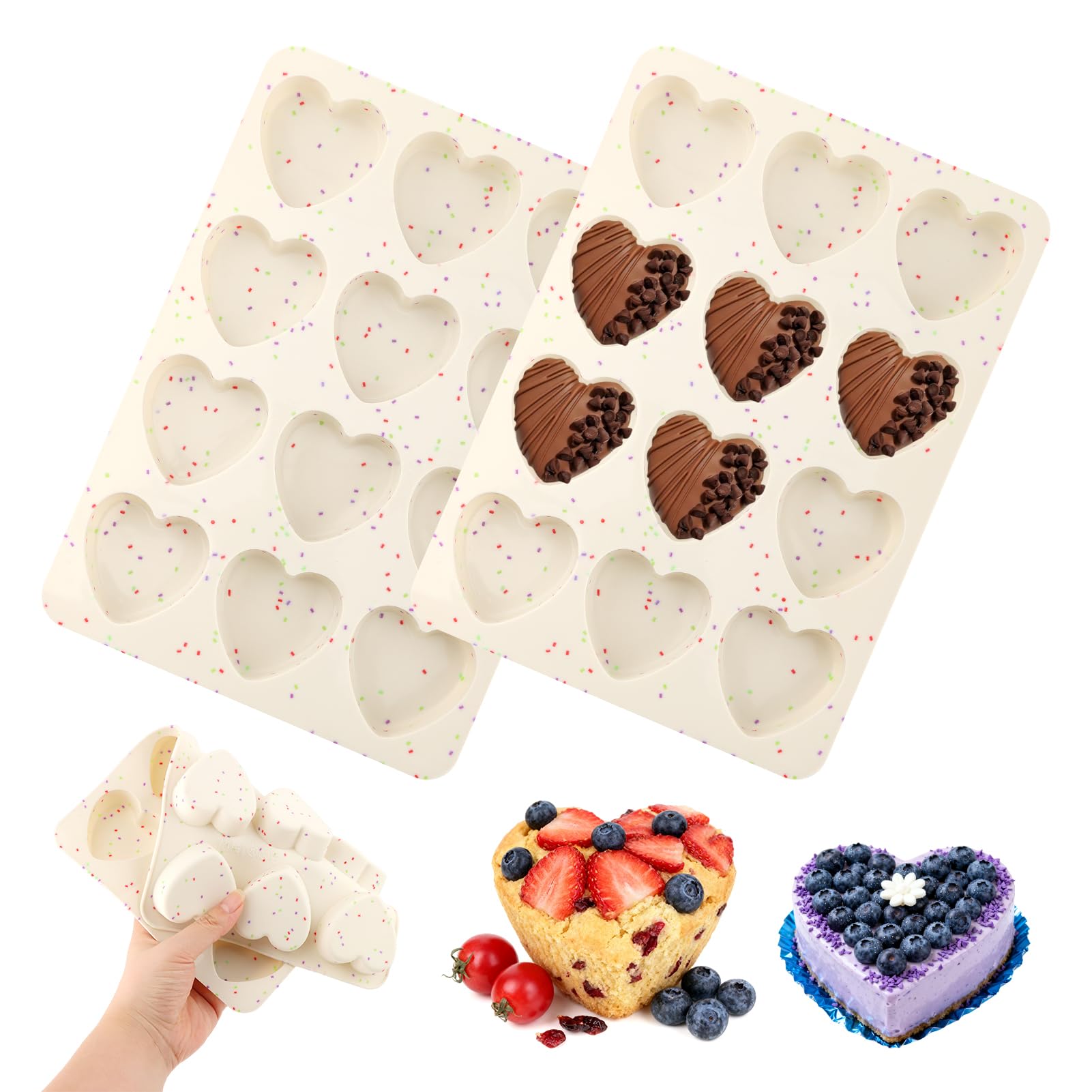 2 Pack Silicone Heart Muffin Pan, 12Cavity Nonstick Silicone Molds Bakeware Supplies Cupcake Pan for Baking Muffins Cakes Tartl