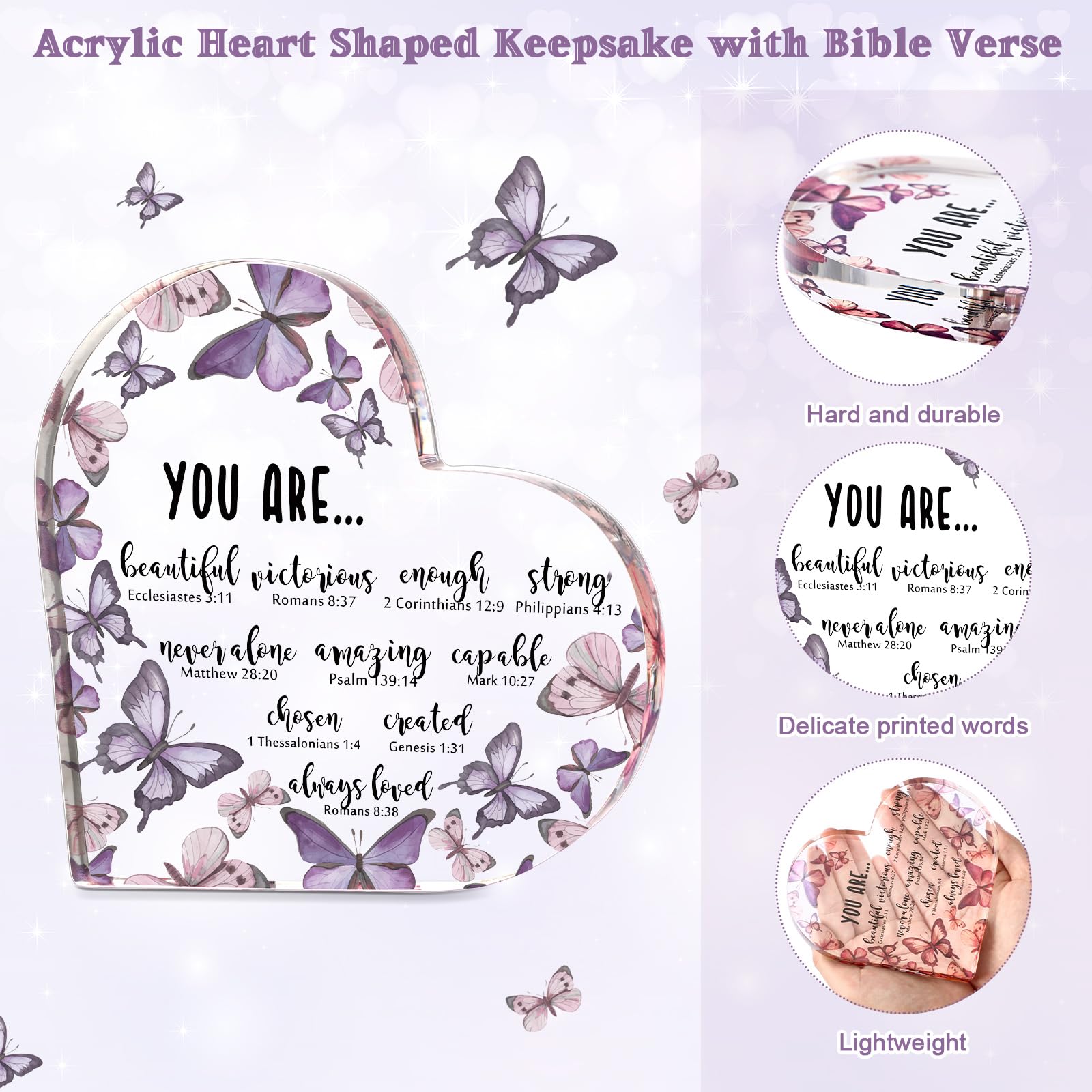 Lineshading Christmas Christian Gifts for Women Purple Butterfly Christian Desk Decor Inspirational Acrylic Heart Plaques Religi