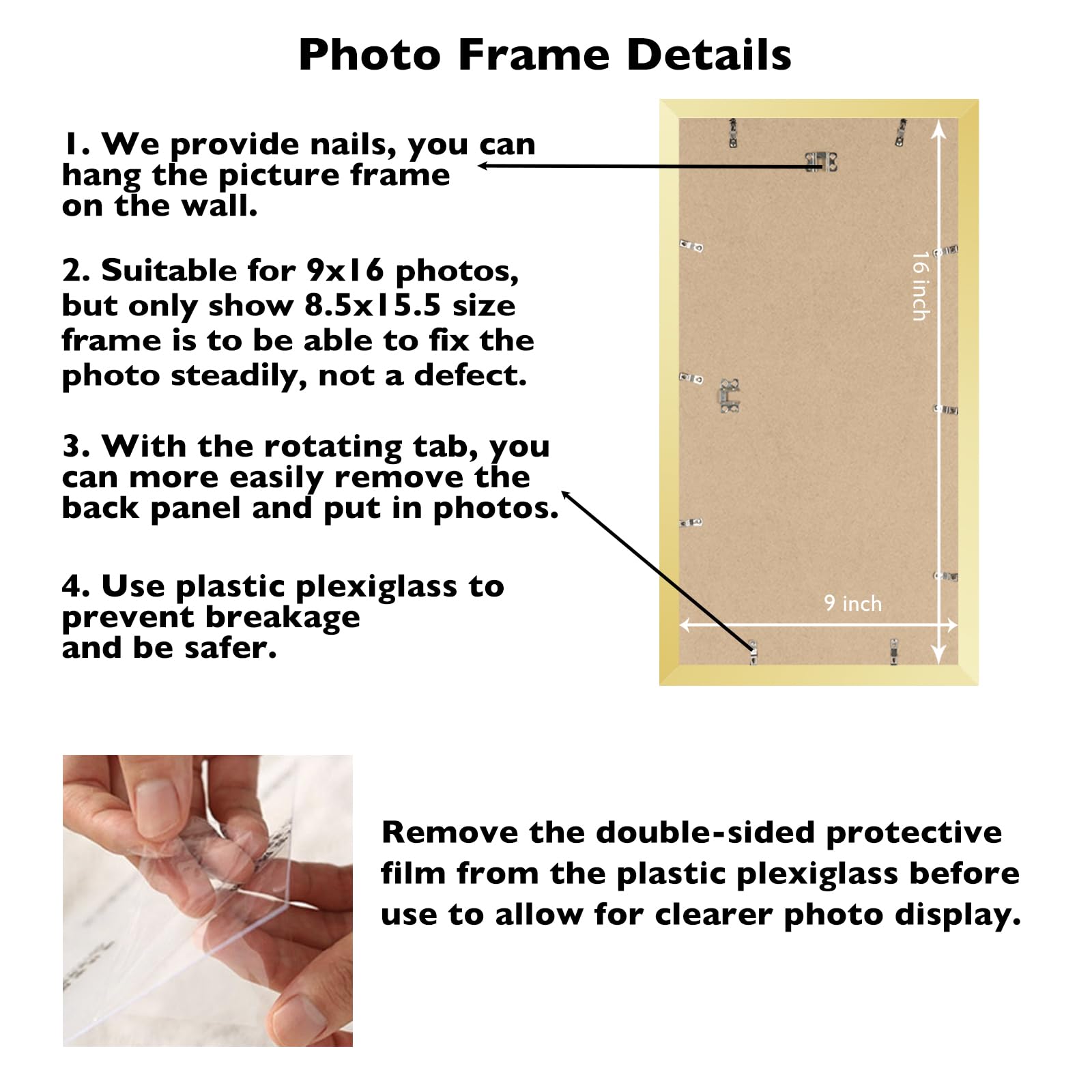 JCJMY 9x16 Picture Frame Gold for Wall Hanging, Wall Mounting Horizontally or Vertically, 9 x 16 Wall Gallery Poster Photo Frame