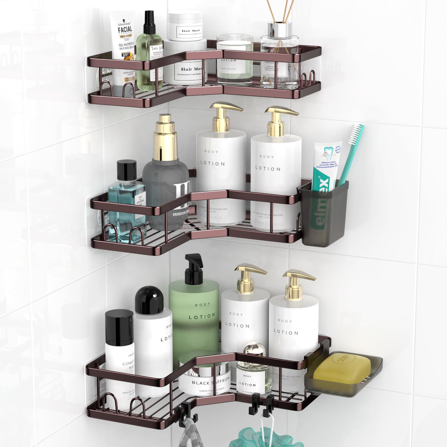 AKTECKE Corner Shower Caddy Organizer Shelf: Adhesive No Drilling Shower Rack Bathtub Shelves - 3Pack Rustproof Bathroom Shower Shelf For Inside Shower