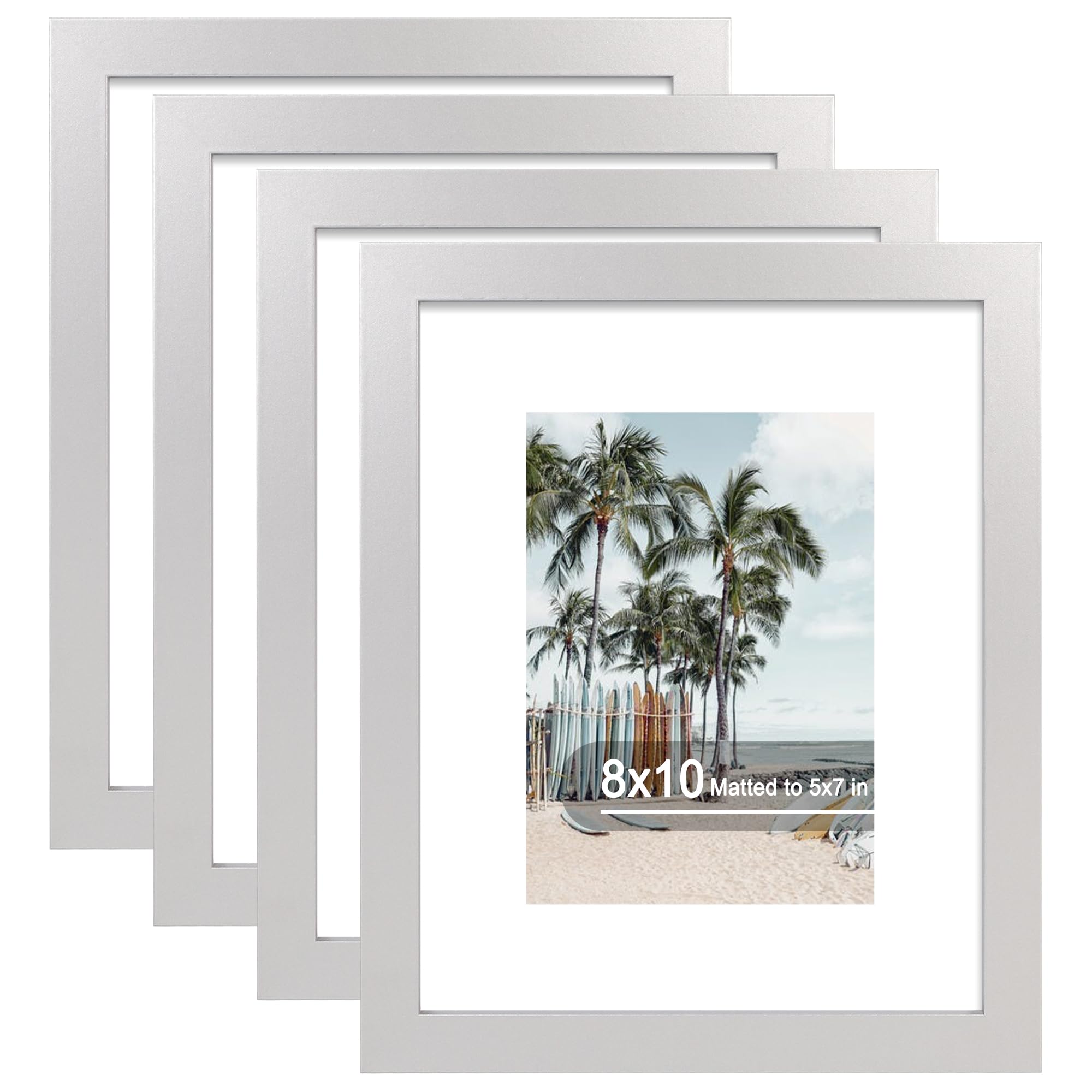 Hongkee 8x10 Picture Frame (4 Pack, Silver) Made of Real Glass and Wooden Frame - Display Pictures 5x7 with Mat or 8x10 Without 