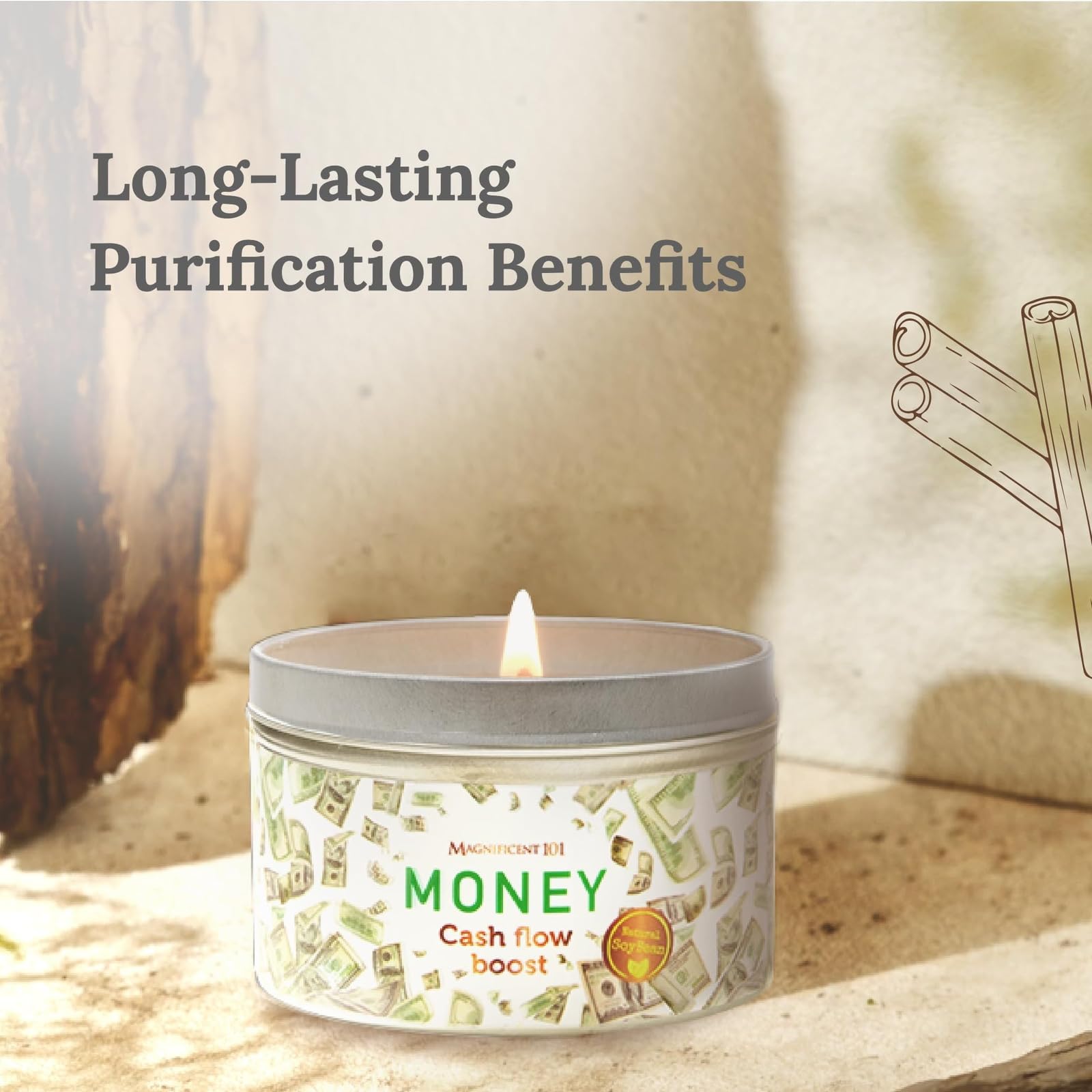 MAGNIFICENT 101 Money Aromatherapy Candle for Getting a Cash Flow Boost - Sage Cinnamon Scented Natural Soybean Wax Tin Candle f