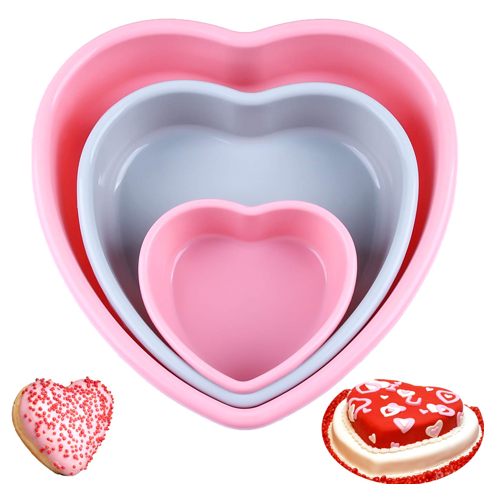 Rhoxshy Heart Shaped Cake Pans 3Pcs, Silicone Molds Heart Baking Pans, 5'' 8'' 10'' Heart Cake Mold Non-Stick Cake Pan Set For C