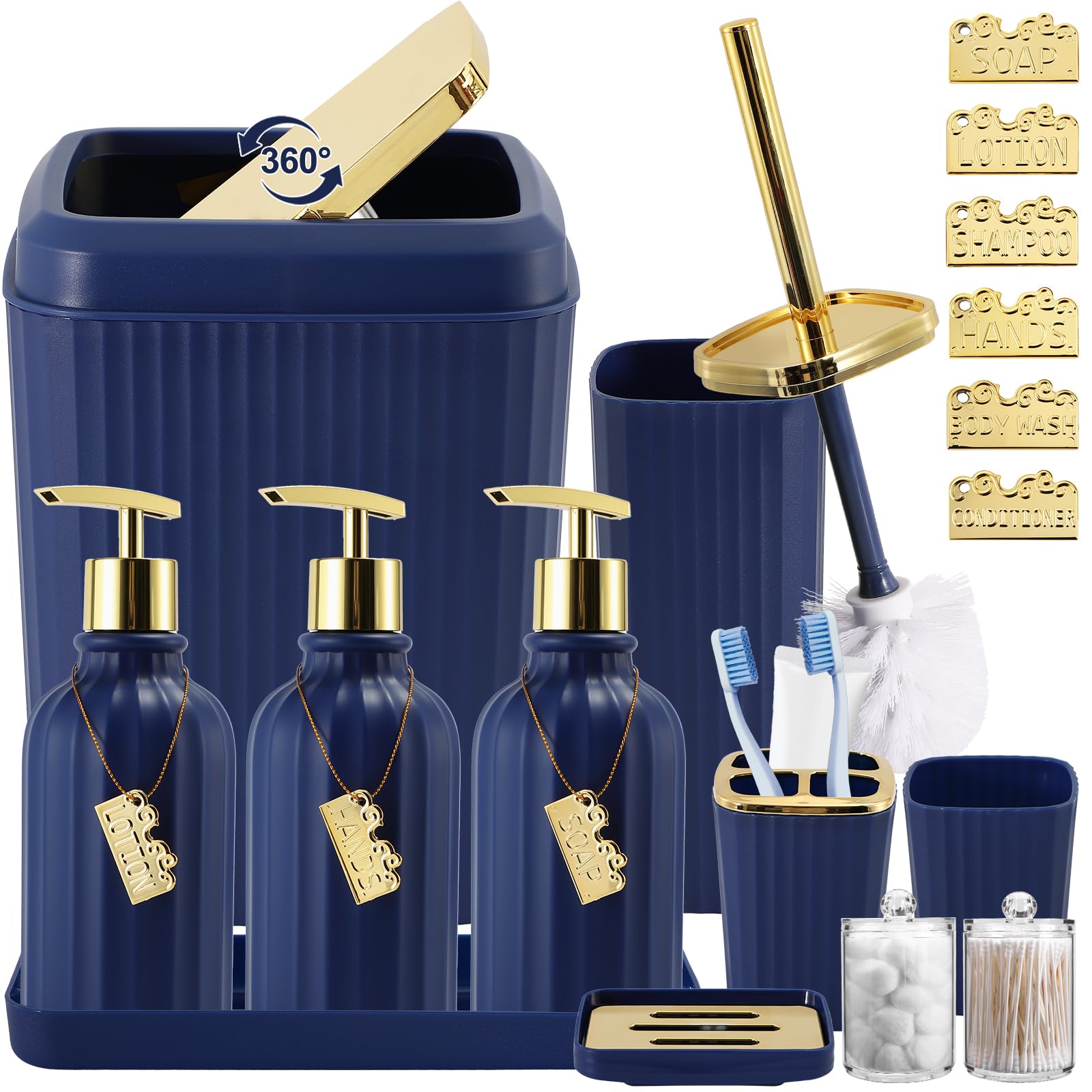 WSBArt 17PCS Bathroom Accessory Set Bathroom Set Navy Blue Bathroom Accessories,Toilet Brush, Trash Can, Qtip Holder Dispenser& 